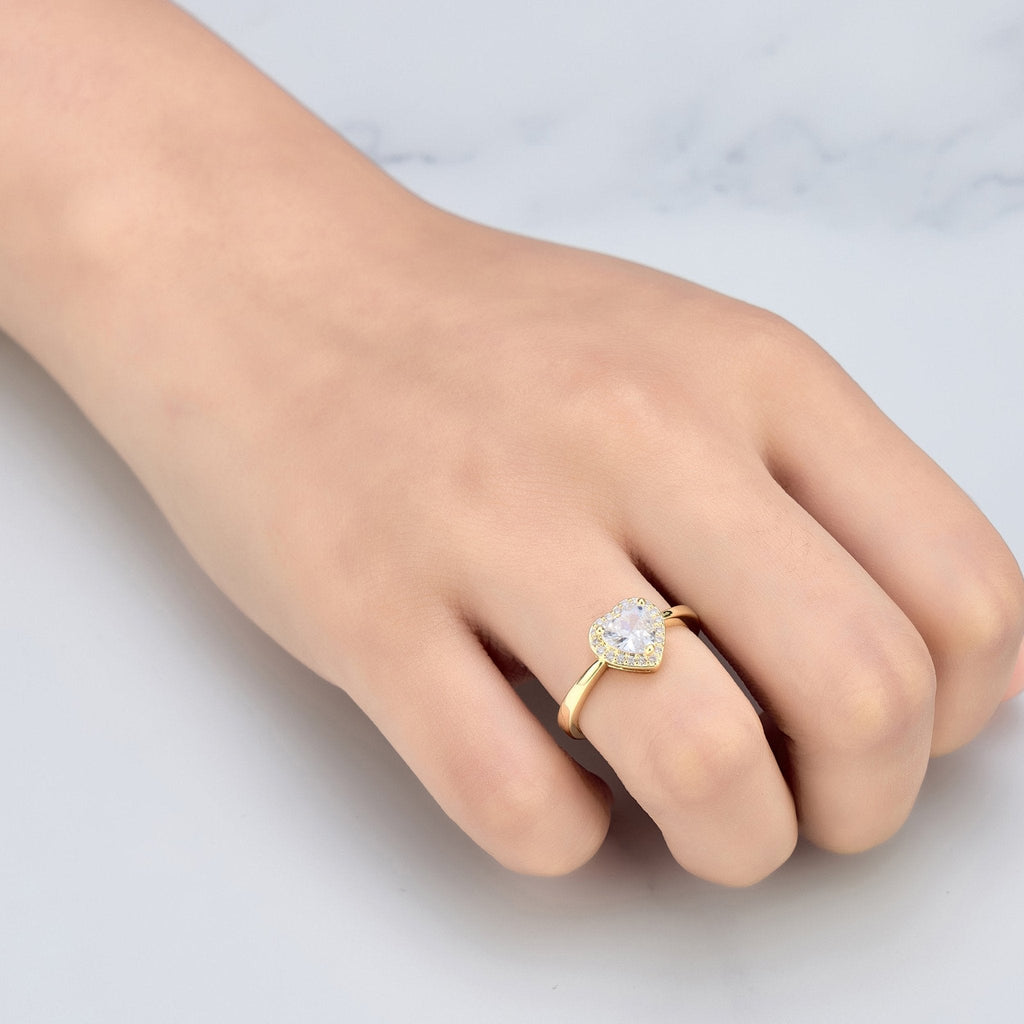 18k Gold Plated Heart Halo Adjustable Ring Created with Zircondia® Crystals
