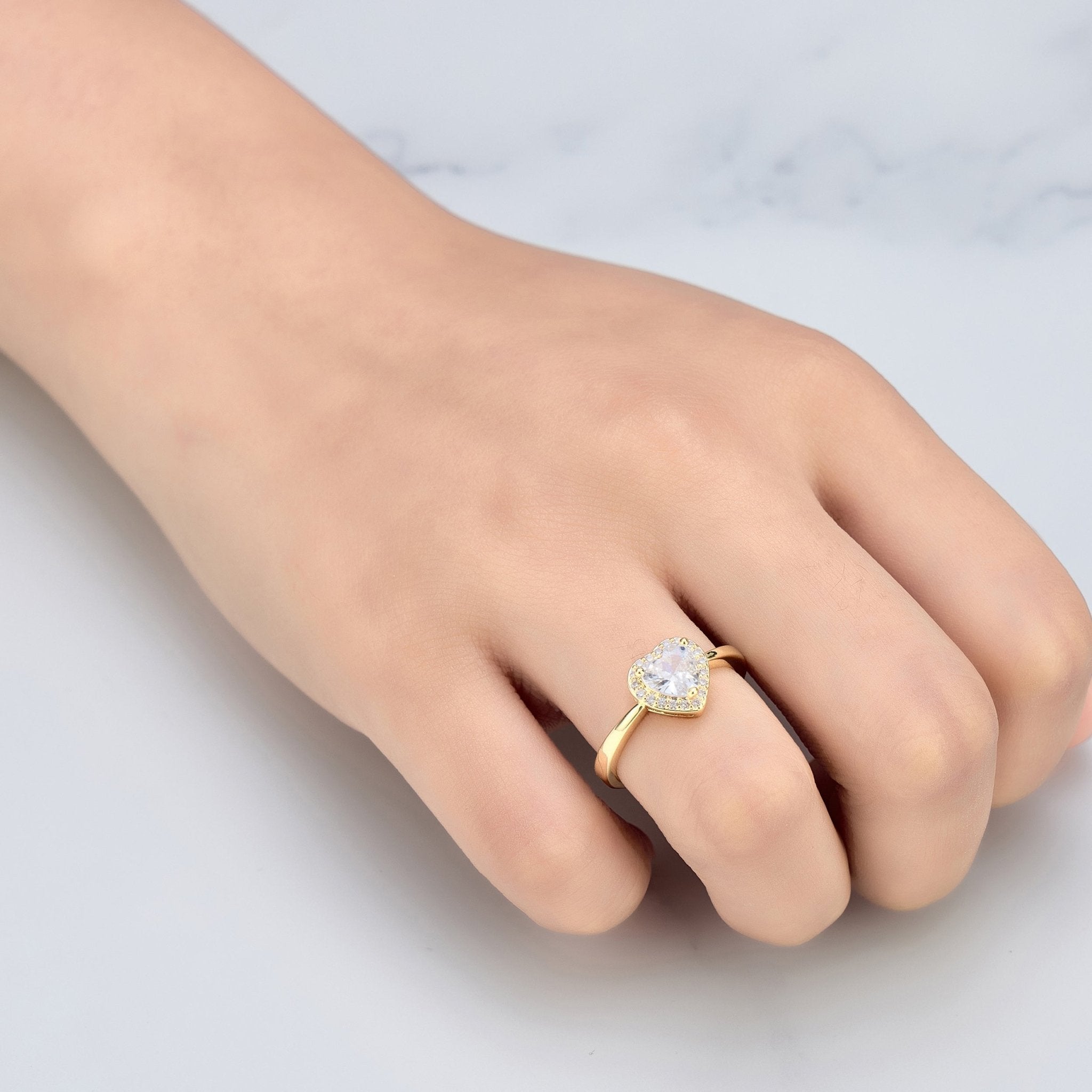 18k Gold Plated Heart Halo Adjustable Ring Created with Zircondia® Crystals