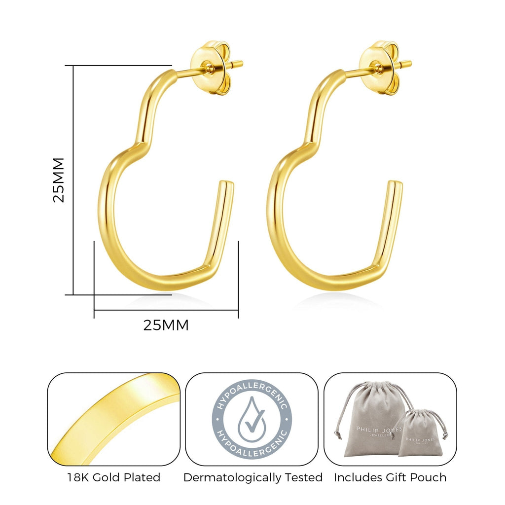 18k Gold Plated Heart Hoop Earrings with Butterfly Backs