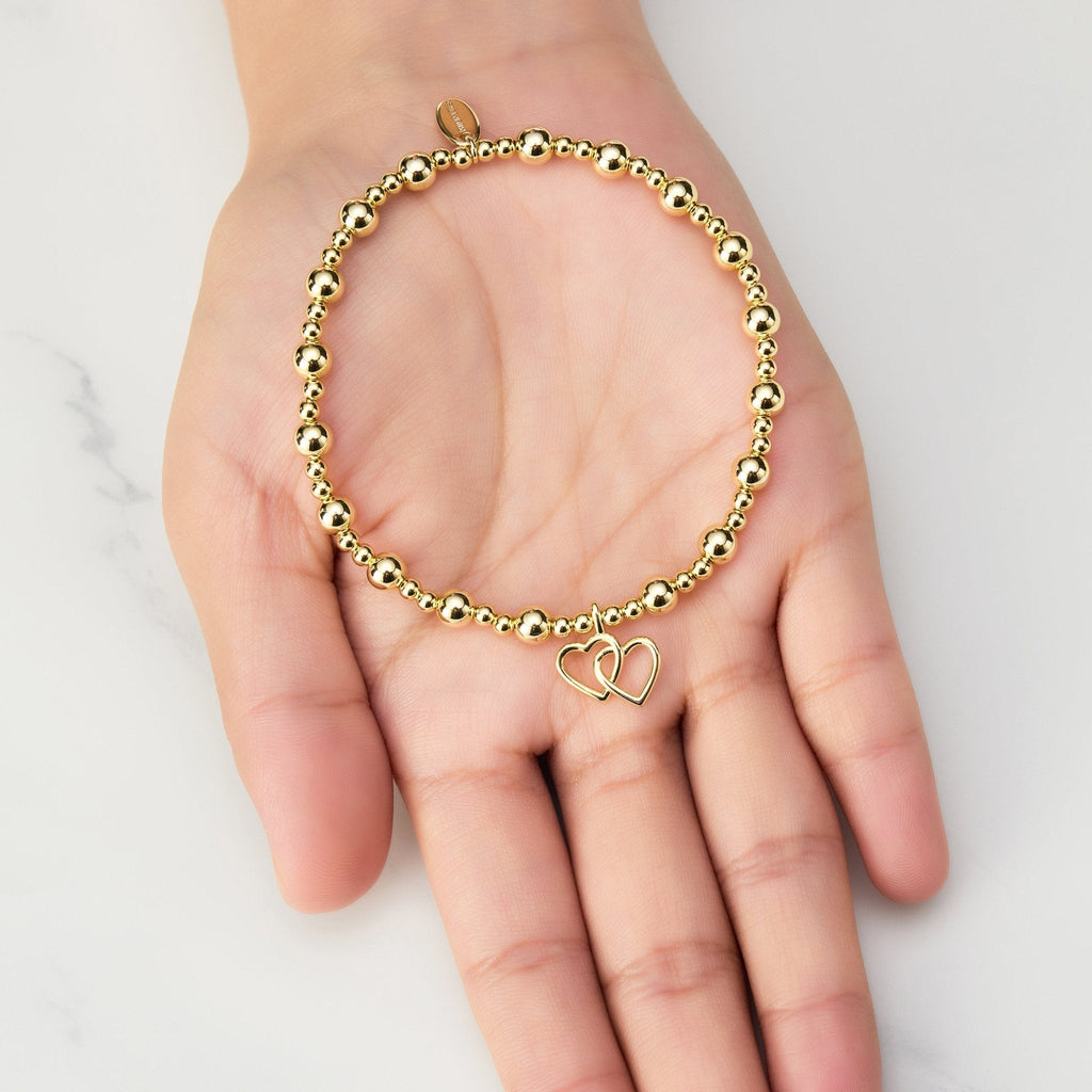 18k Gold Plated Heart Link Beaded Stretch Bracelet