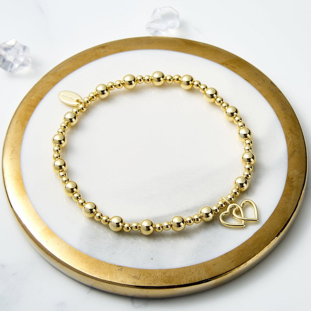 18k Gold Plated Heart Link Beaded Stretch Bracelet