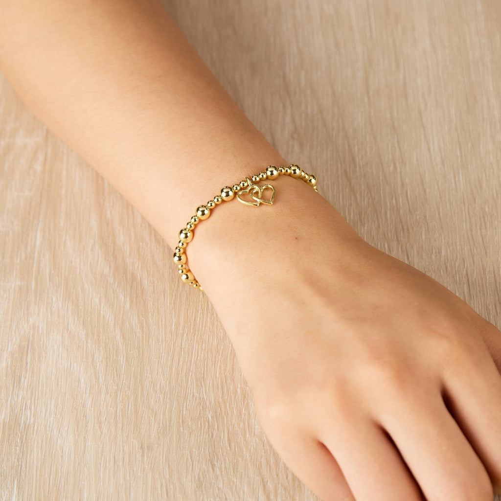 18k Gold Plated Heart Link Beaded Stretch Bracelet