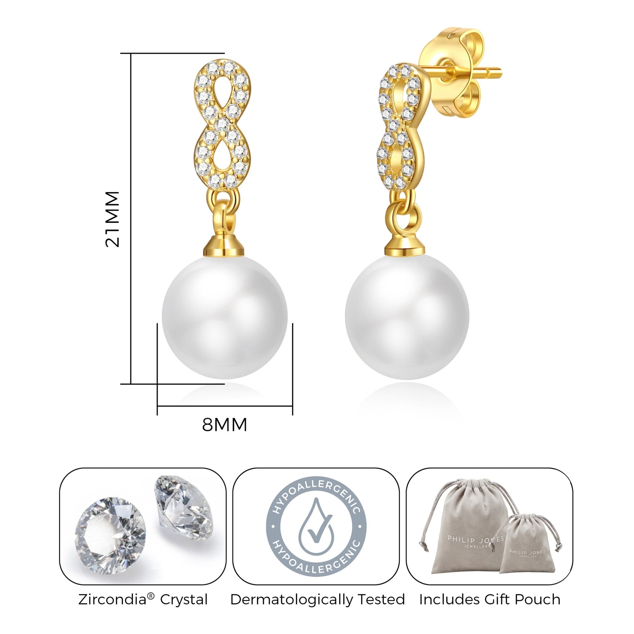 18k Gold Plated Infinity Pearl Drop Earrings Created with Zircondia® Crystals