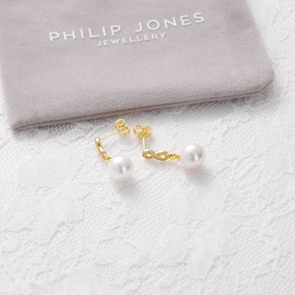 18k Gold Plated I Couldn't Say I Do Without You Infinity Pearl Drop Bridal Earrings with Zircondia® Crystals