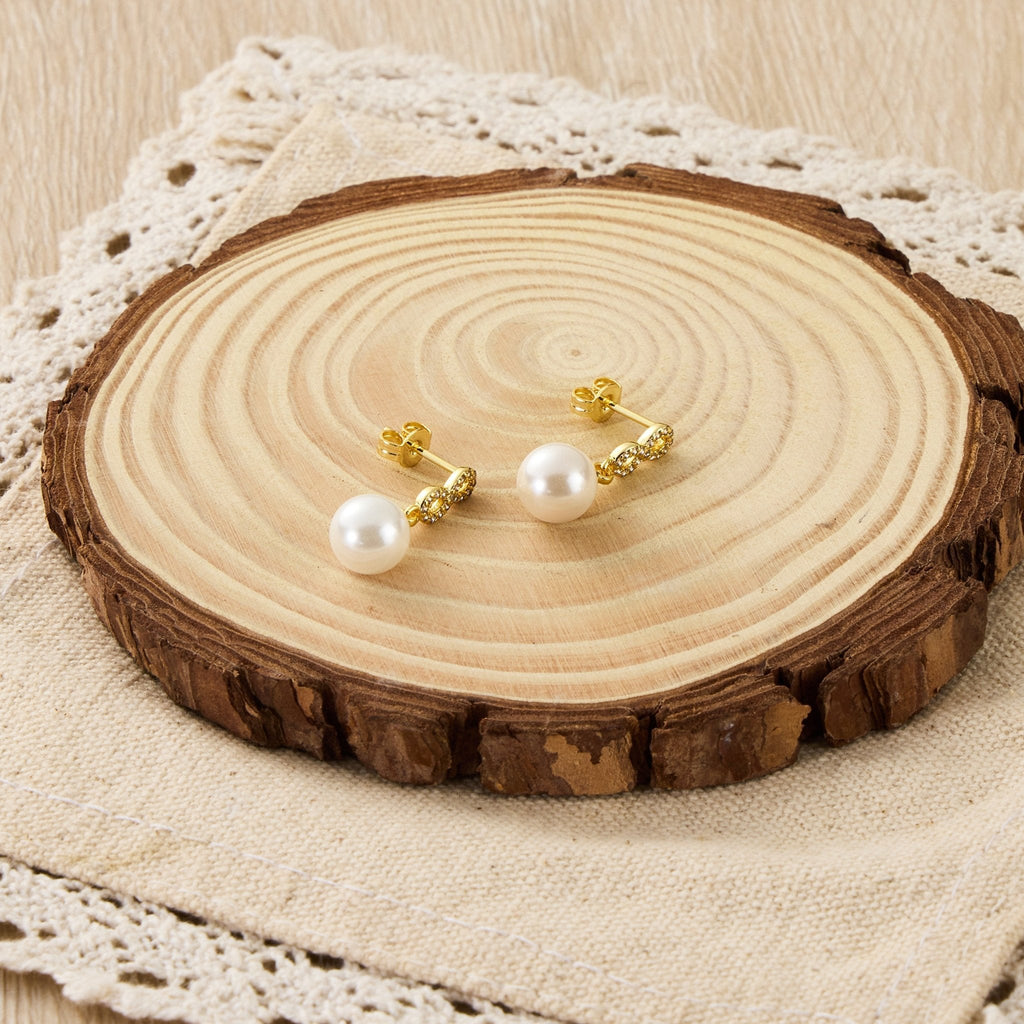 18k Gold Plated Infinity Pearl Drop Earrings Created with Zircondia® Crystals