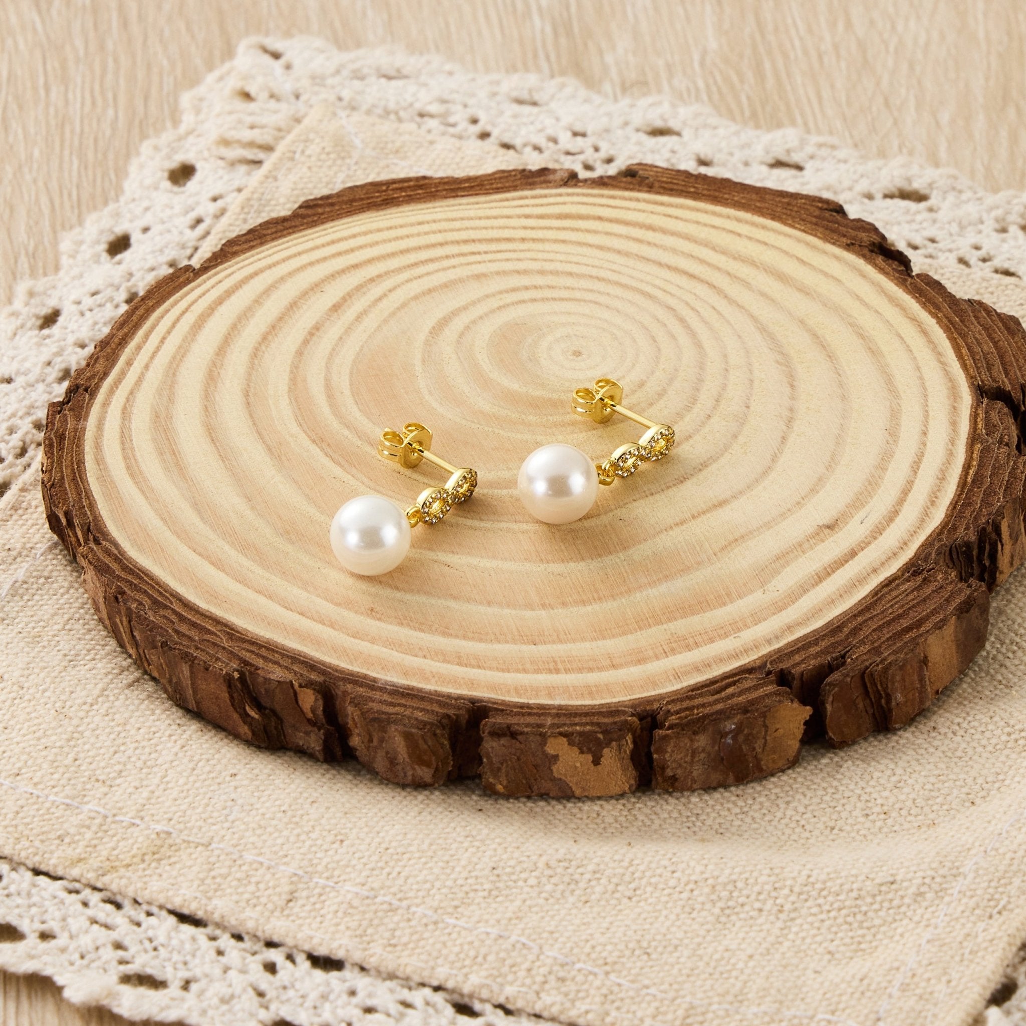18k Gold Plated Infinity Pearl Drop Earrings Created with Zircondia® Crystals