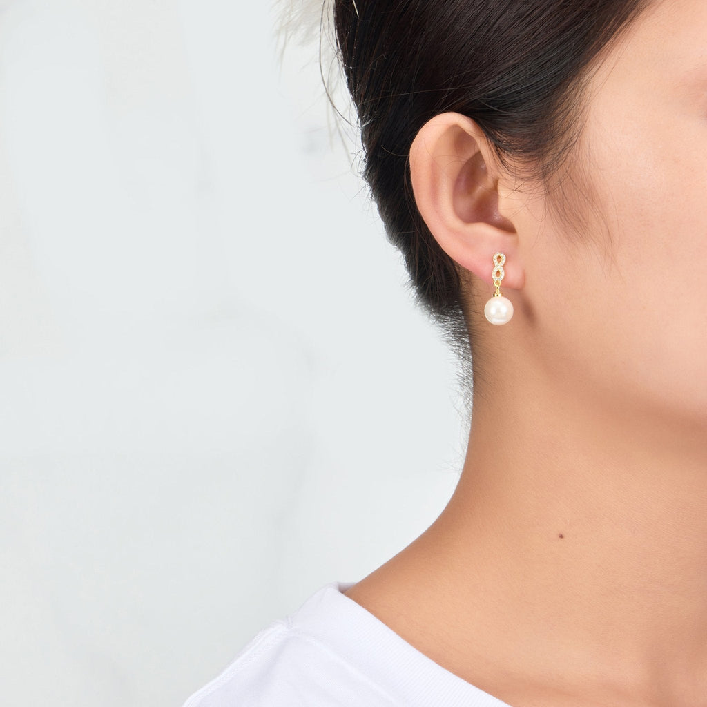 18k Gold Plated Infinity Pearl Drop Earrings Created with Zircondia® Crystals