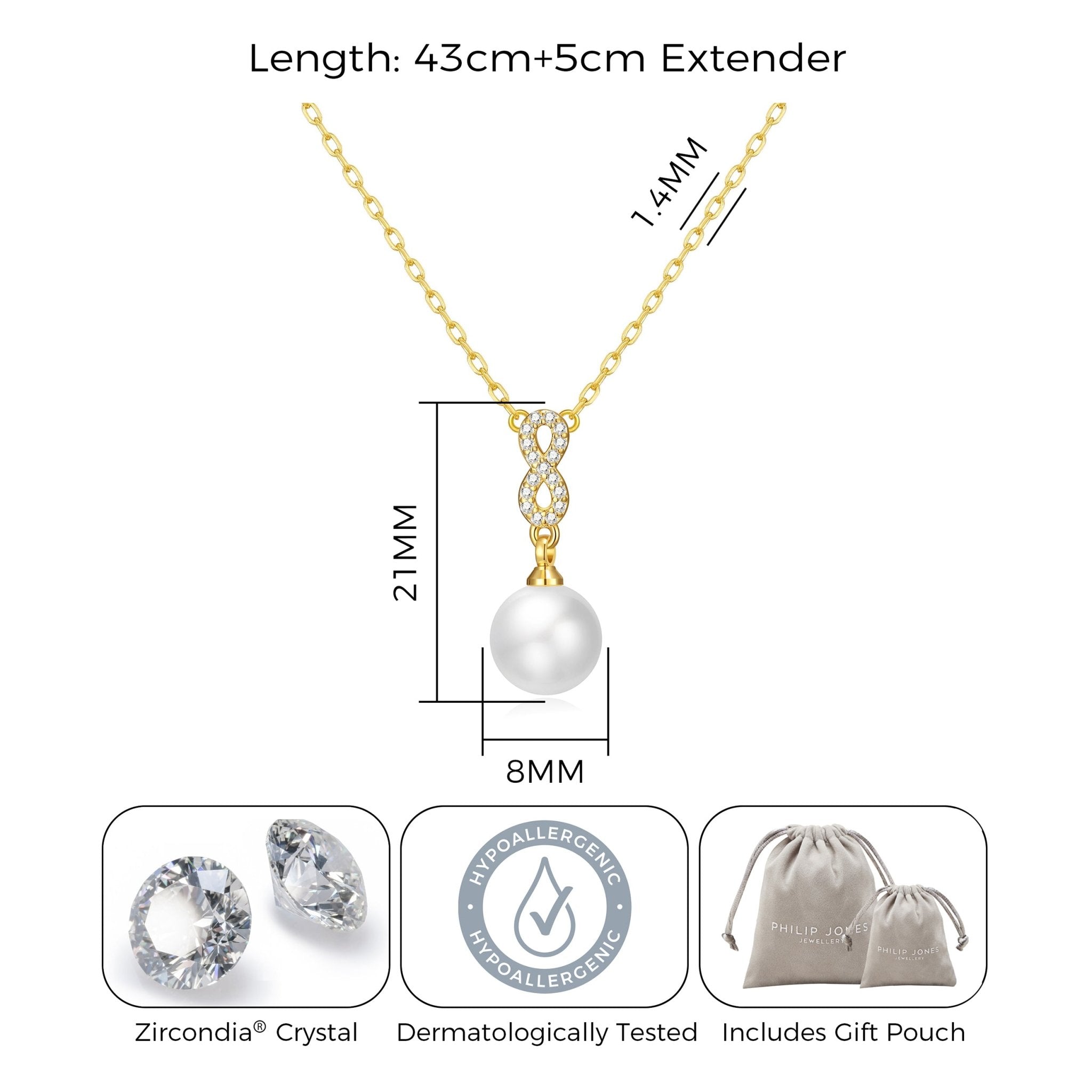18k Gold Plated Infinity Pearl Drop Necklace Created with Zircondia® Crystals