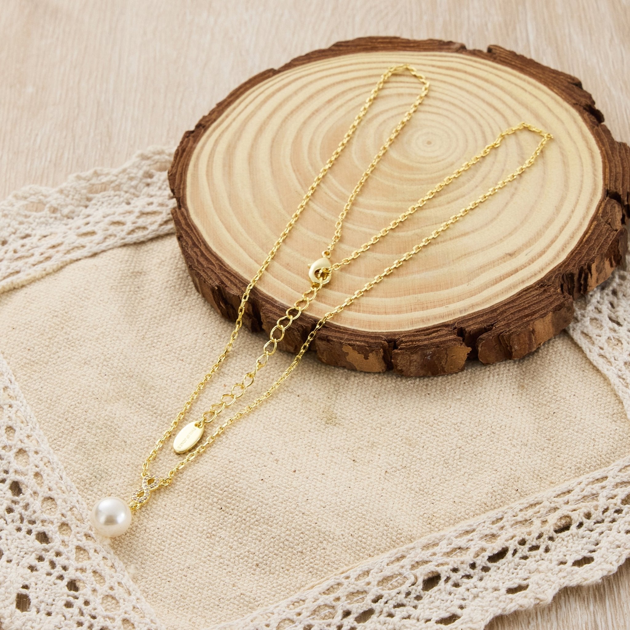 18k Gold Plated Infinity Pearl Drop Necklace Created with Zircondia® Crystals
