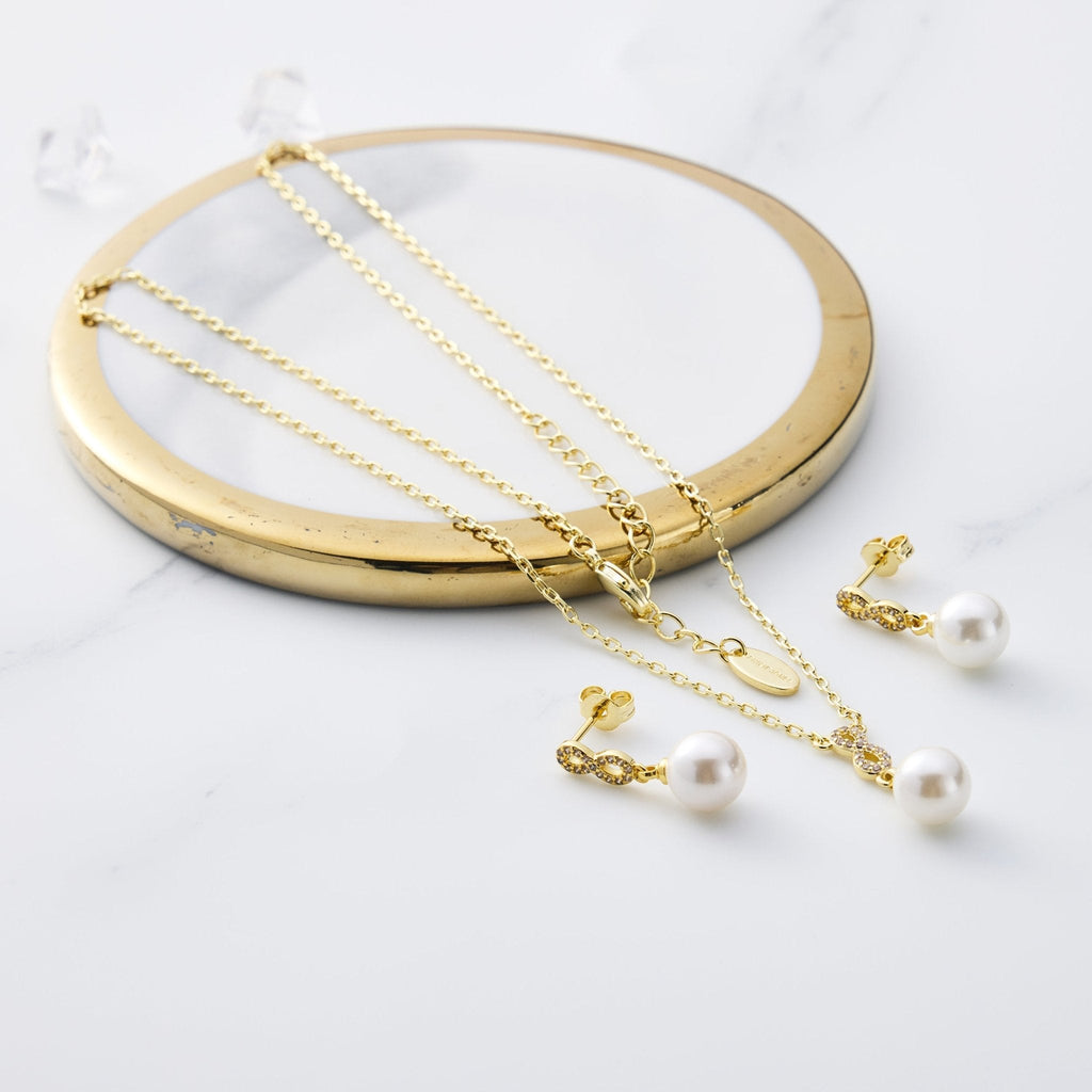 18k Gold Plated Infinity Pearl Drop Set Created with Zircondia® Crystals