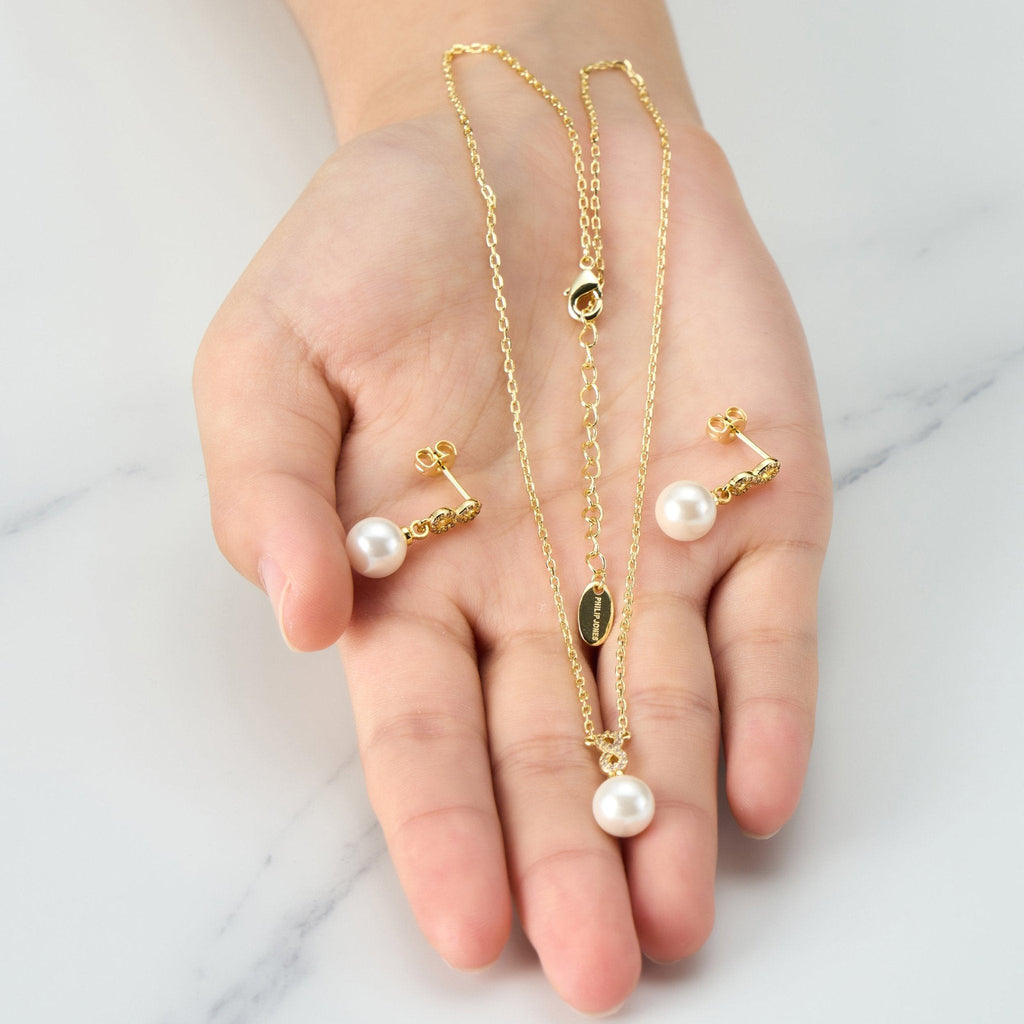 18k Gold Plated Infinity Pearl Drop Set Created with Zircondia® Crystals