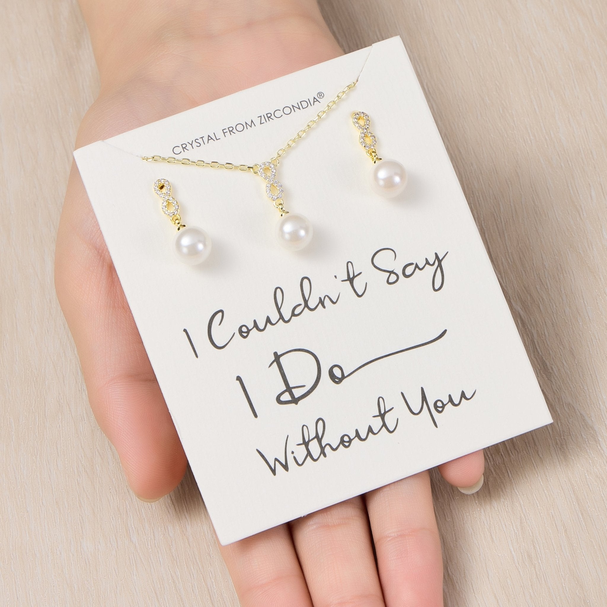 18k Gold Plated I Couldn't Say I Do Without You Infinity Pearl Drop Bridal Set with Zircondia® Crystals