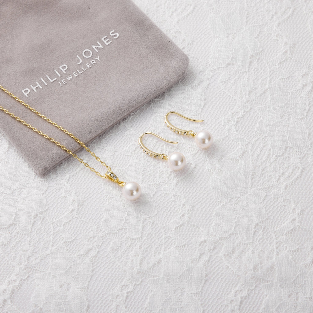 18k Gold Plated I Couldn't Say I Do Without You Pearl Drop Bridal Set Created with Zircondia® Crystals