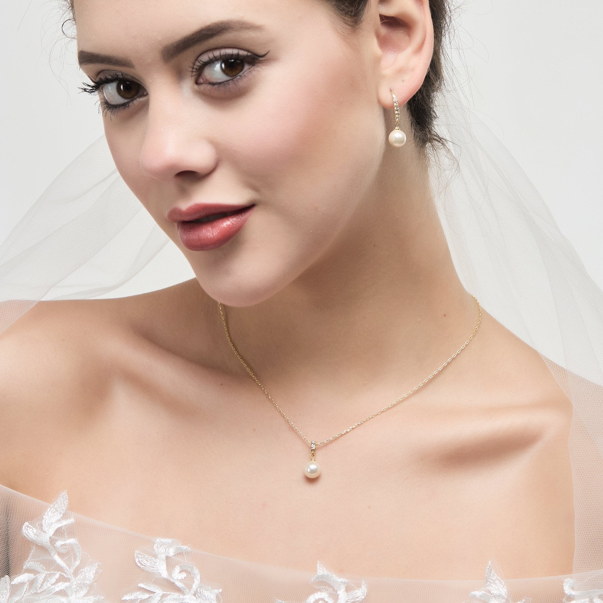 18k Gold Plated I Couldn't Say I Do Without You Pearl Drop Bridal Set Created with Zircondia® Crystals