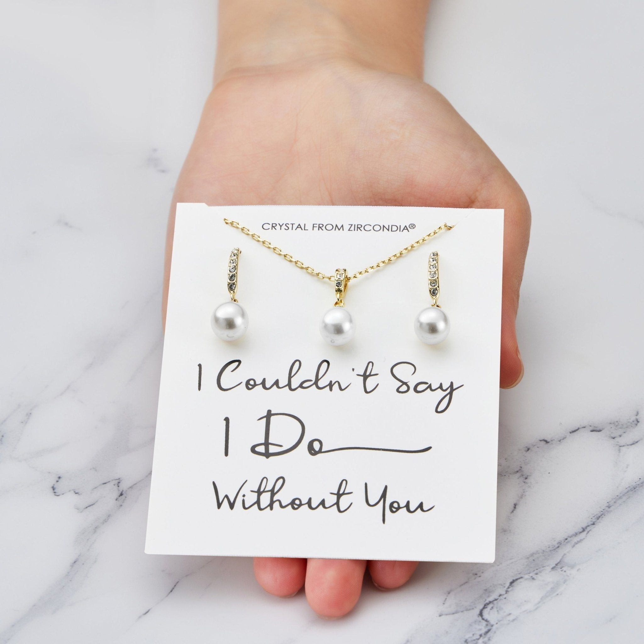 18k Gold Plated I Couldn't Say I Do Without You Pearl Drop Bridal Set Created with Zircondia® Crystals