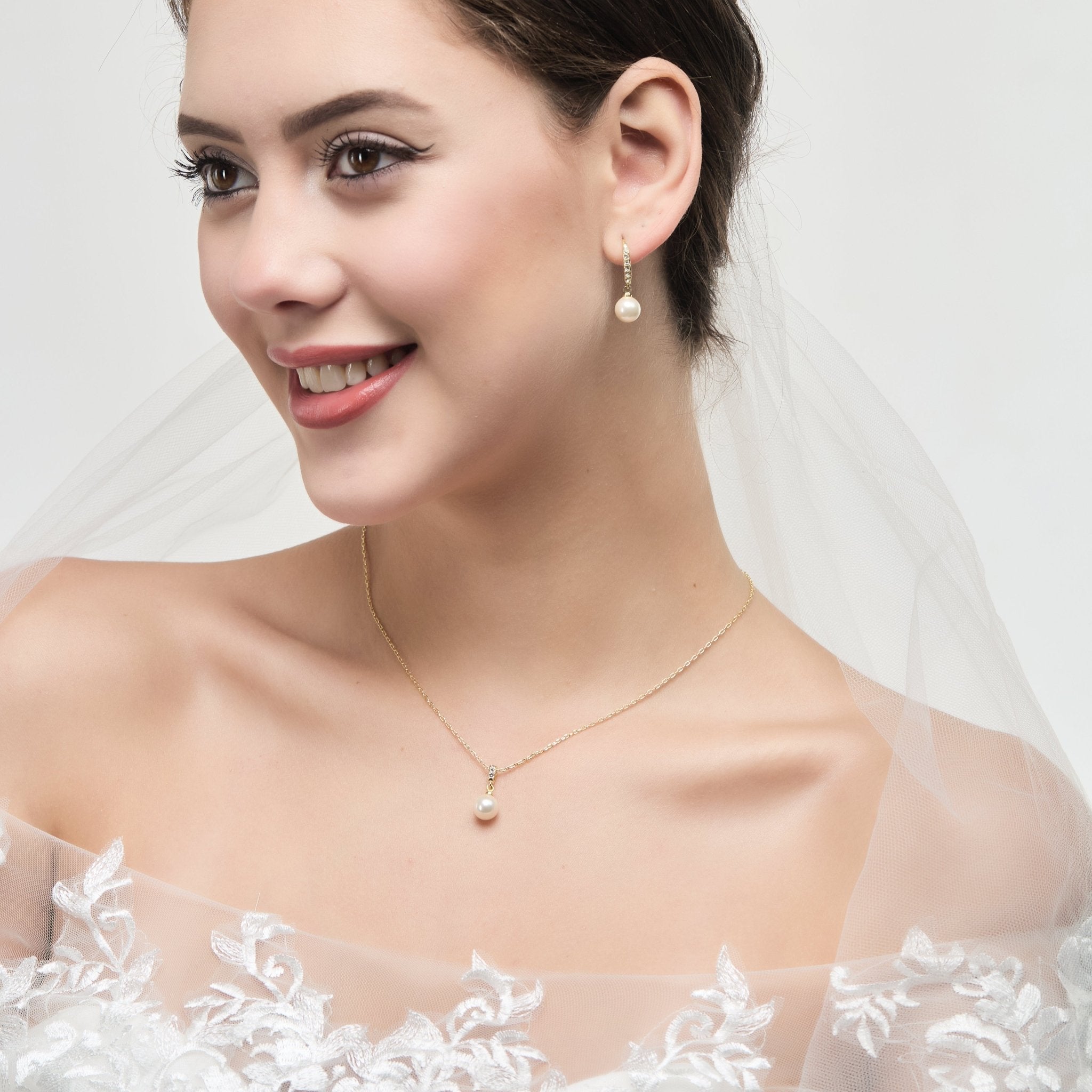 18k Gold Plated I Couldn't Say I Do Without You Pearl Drop Bridal Set Created with Zircondia® Crystals
