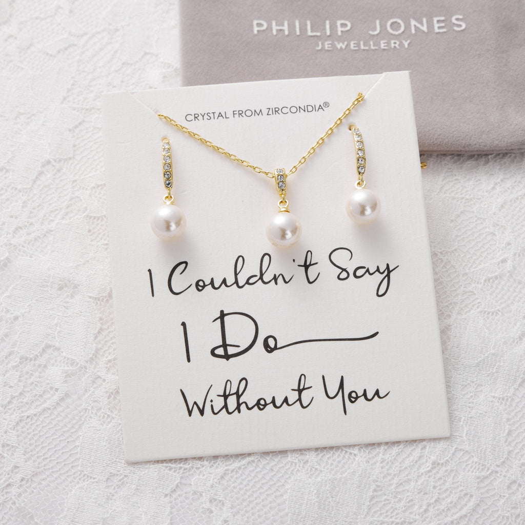 18k Gold Plated I Couldn't Say I Do Without You Pearl Drop Bridal Set Created with Zircondia® Crystals