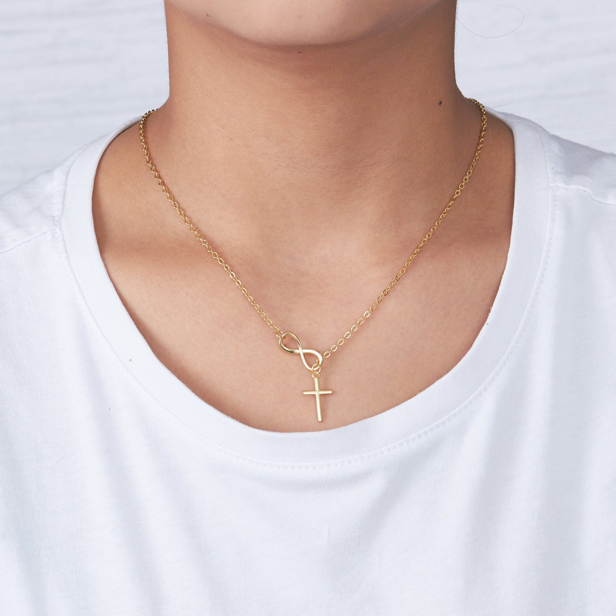 18k Gold Plated Infinity with Cross Lariat Necklace