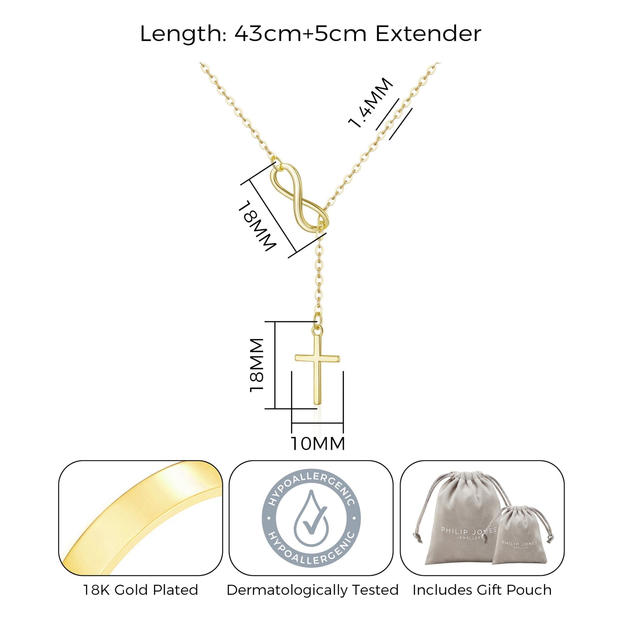 18k Gold Plated Infinity with Cross Lariat Necklace