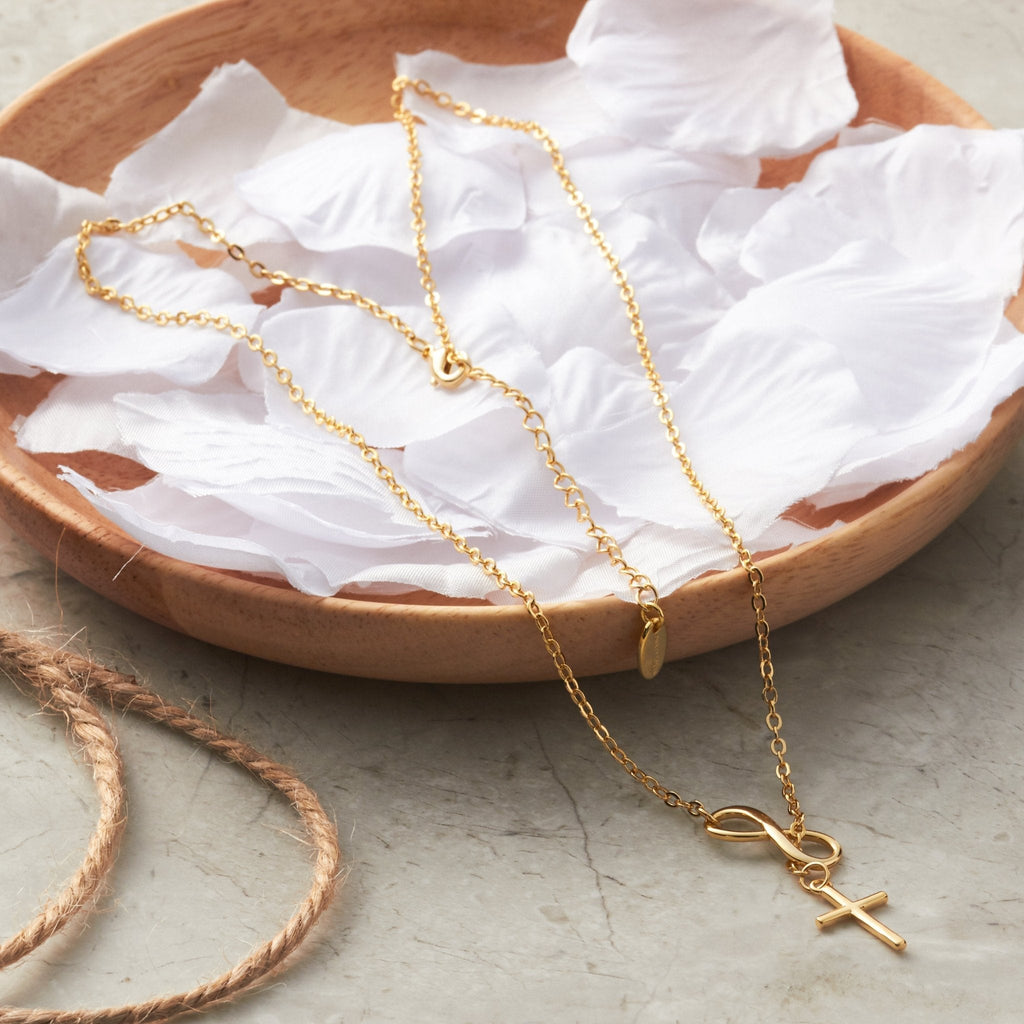 18k Gold Plated Infinity with Cross Lariat Necklace