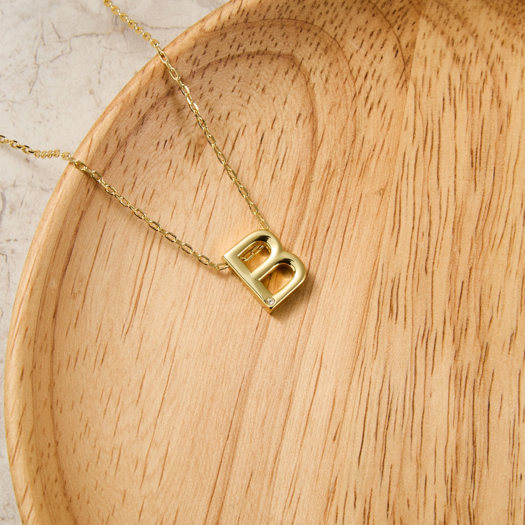 18k Gold Plated Initial Necklace Letter B Created with Zircondia® Crystals