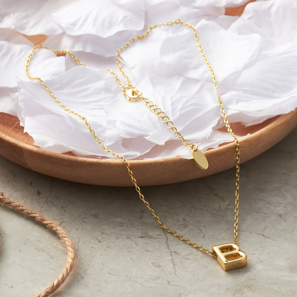 18k Gold Plated Initial Necklace Letter B Created with Zircondia® Crystals