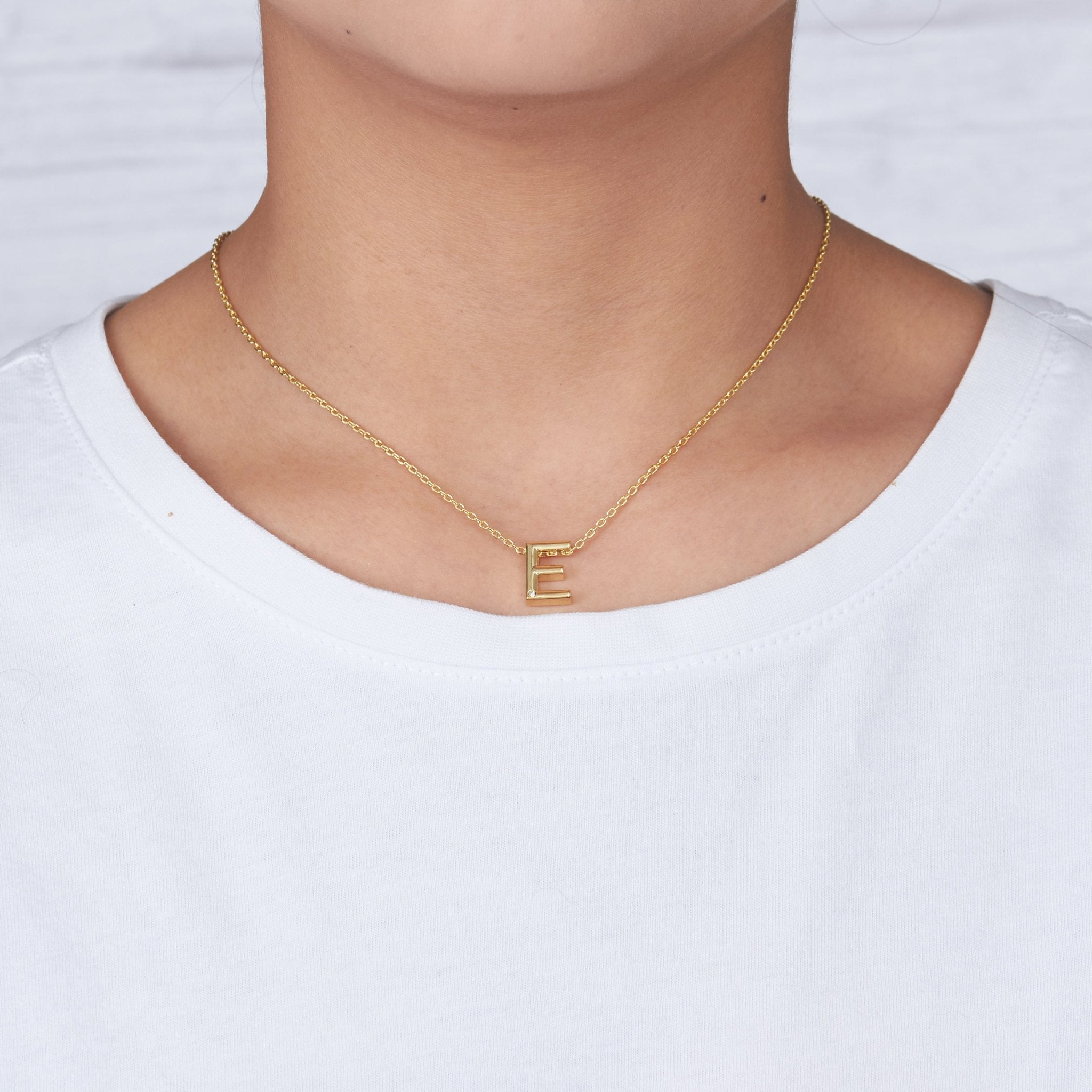 18k Gold Plated Initial Necklace Letter E Created with Zircondia® Crystals