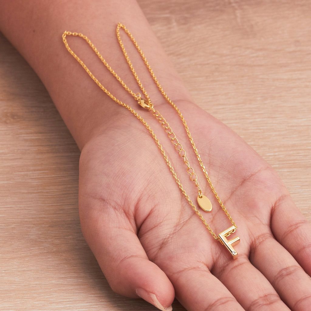 18k Gold Plated Initial Necklace Letter F Created with Zircondia® Crystals