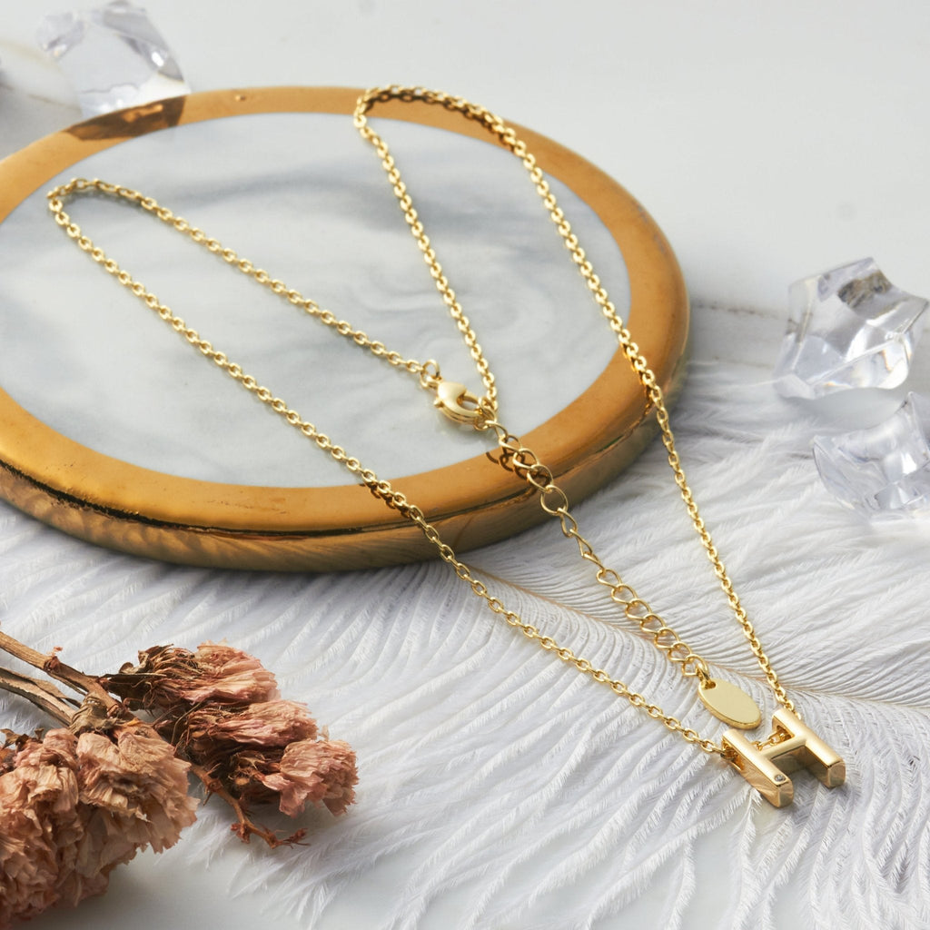 18k Gold Plated Initial Necklace Letter H Created with Zircondia® Crystals