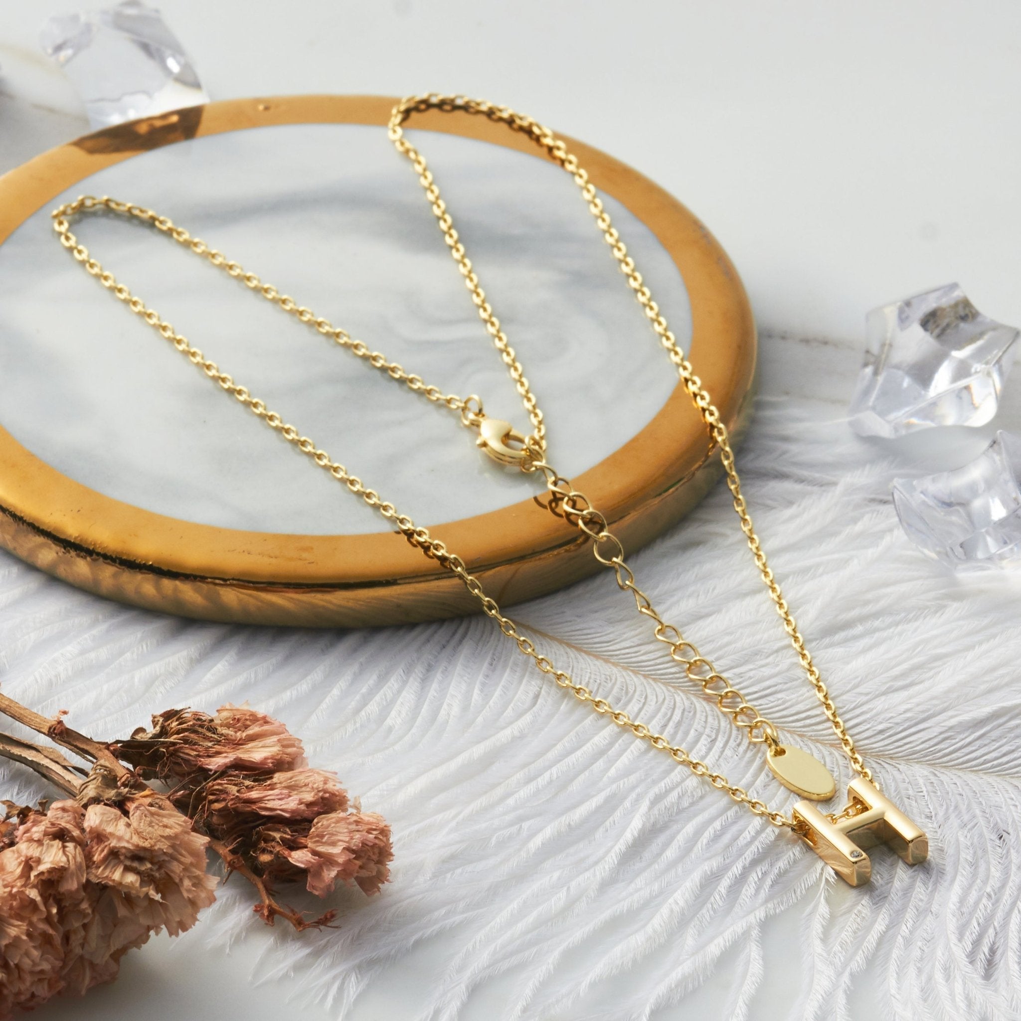 18k Gold Plated Initial Necklace Letter H Created with Zircondia® Crystals