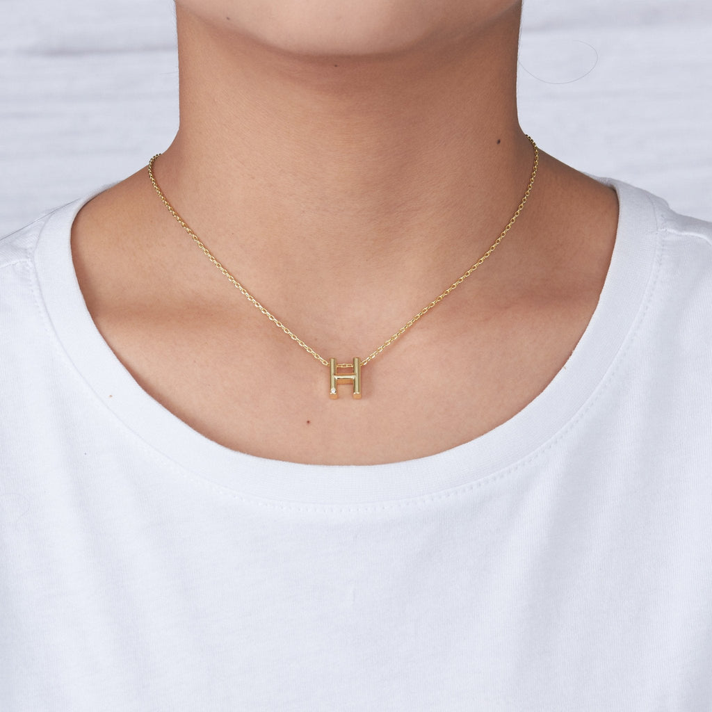 18k Gold Plated Initial Necklace Letter H Created with Zircondia® Crystals