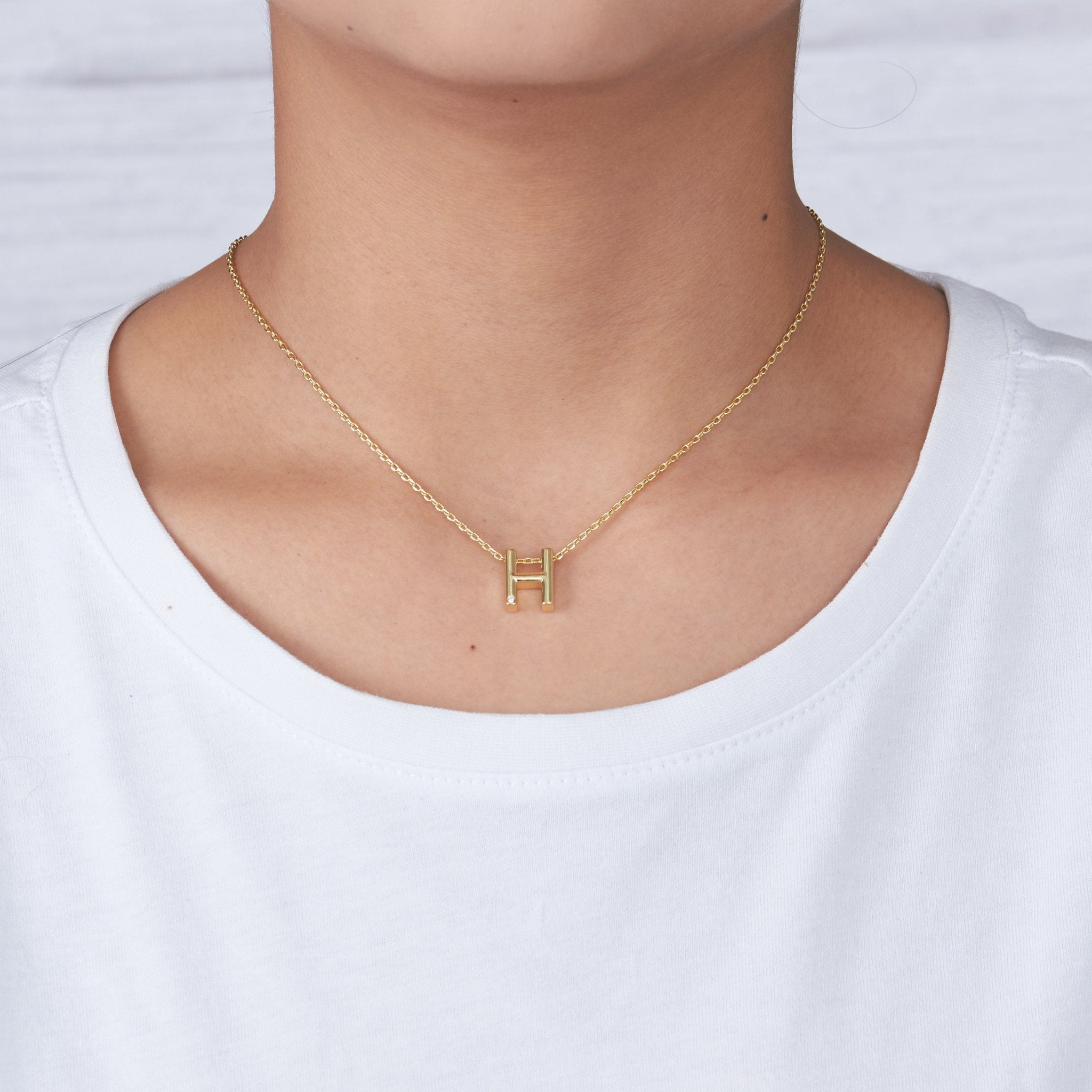 18k Gold Plated Initial Necklace Letter H Created with Zircondia® Crystals