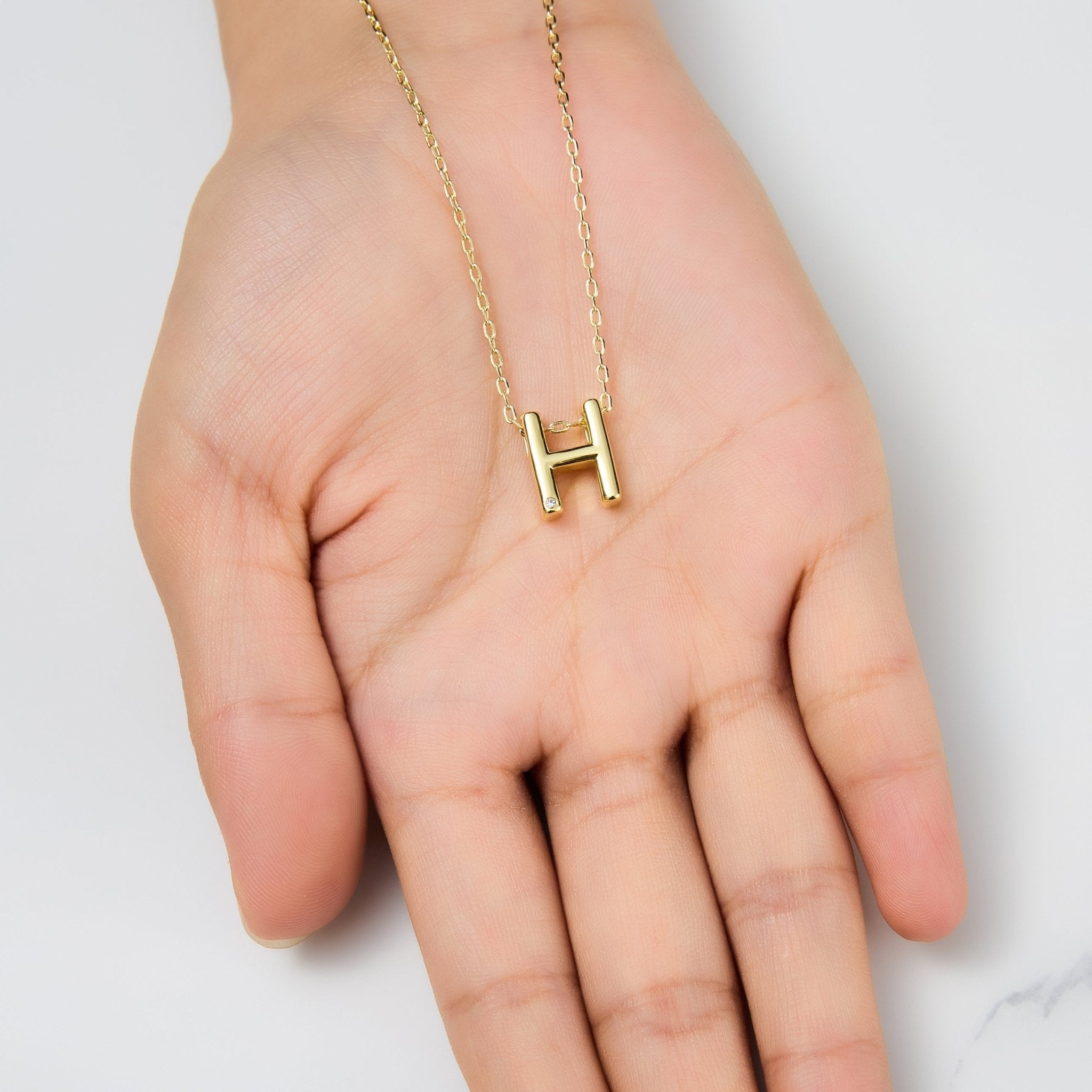 18k Gold Plated Initial Necklace Letter H Created with Zircondia® Crystals