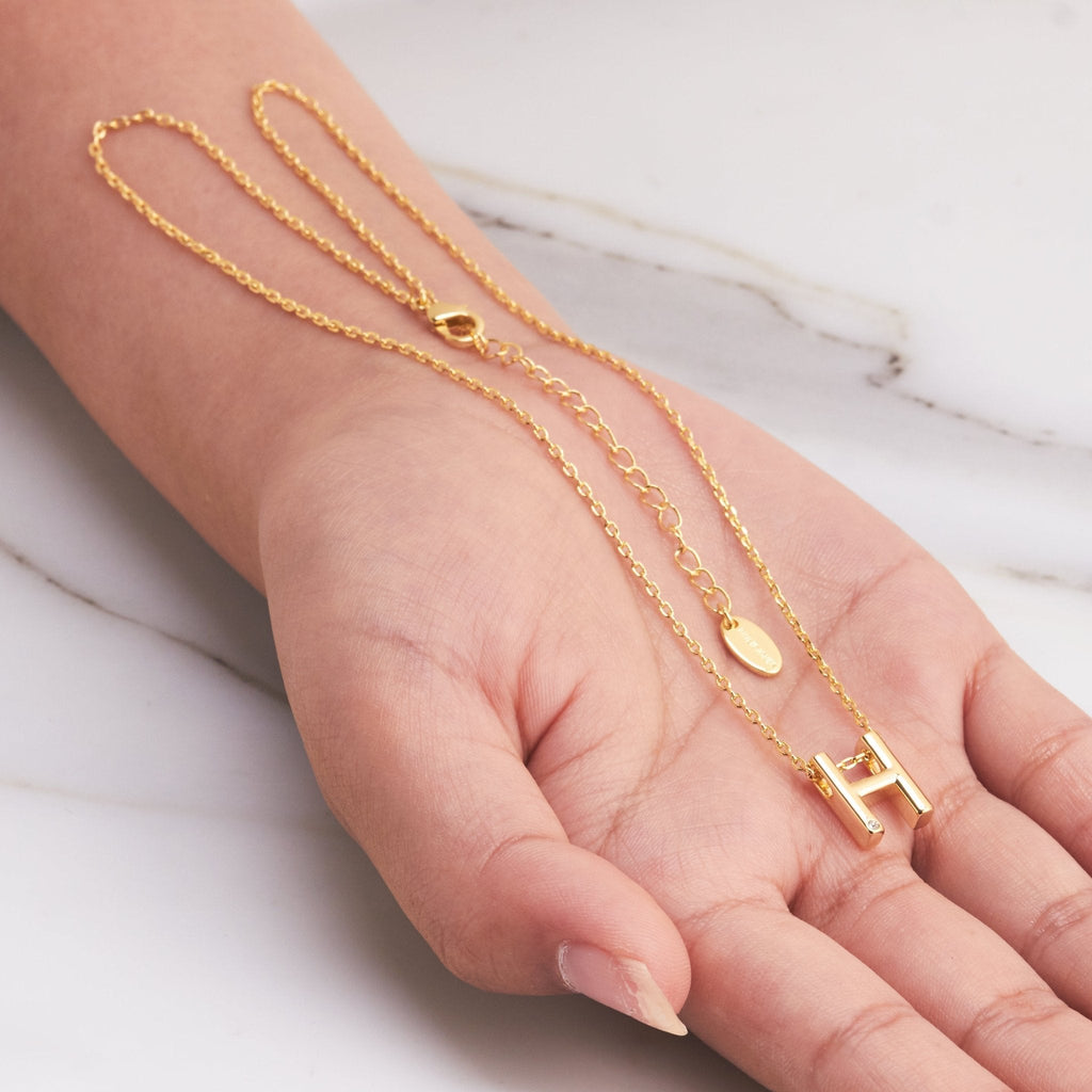 18k Gold Plated Initial Necklace Letter H Created with Zircondia® Crystals
