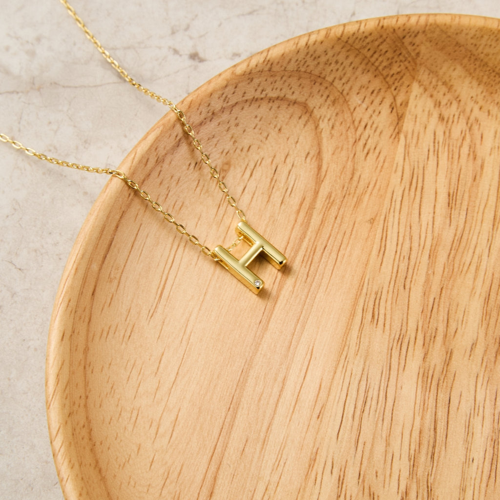 18k Gold Plated Initial Necklace Letter H Created with Zircondia® Crystals