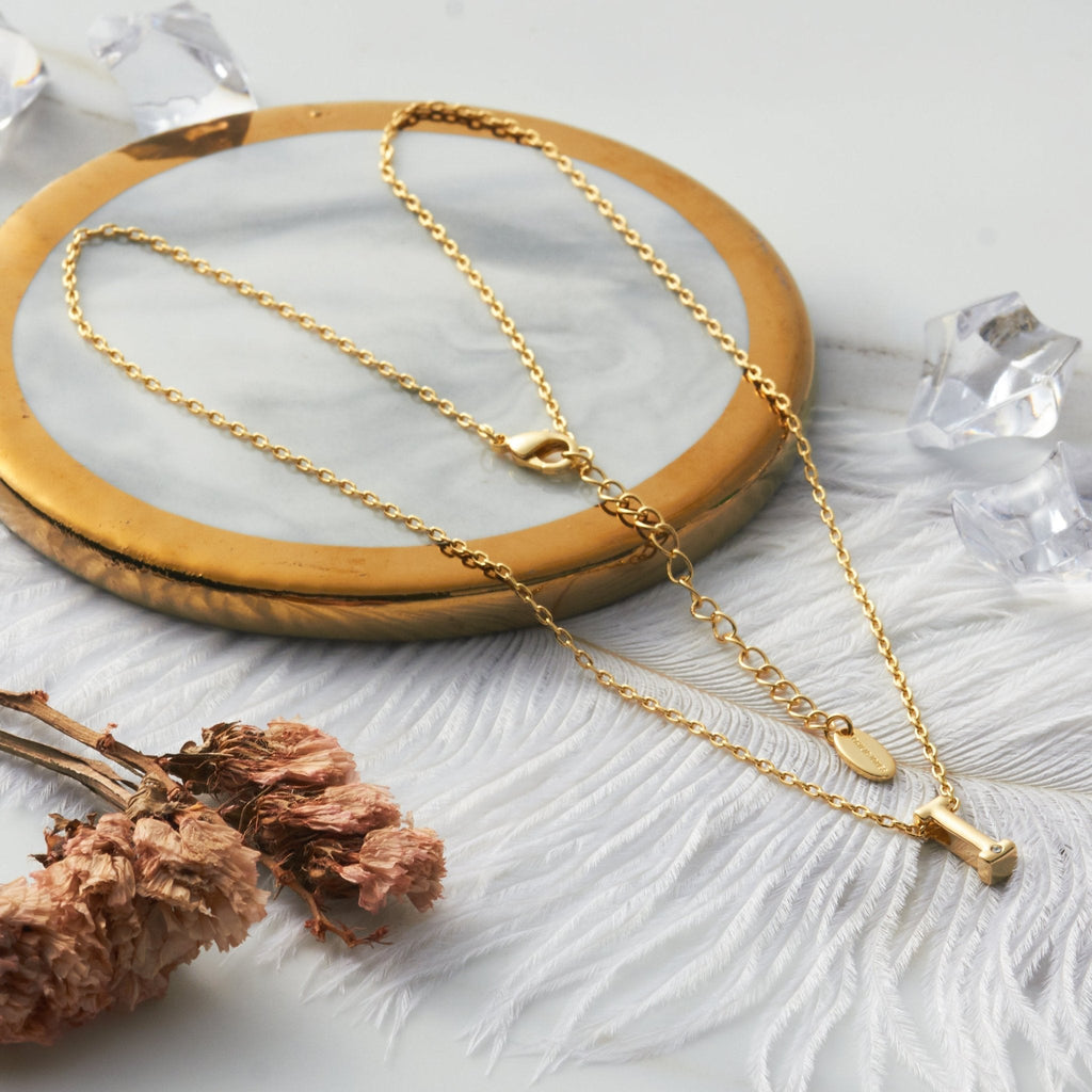 18k Gold Plated Initial Necklace Letter I Created with Zircondia® Crystals