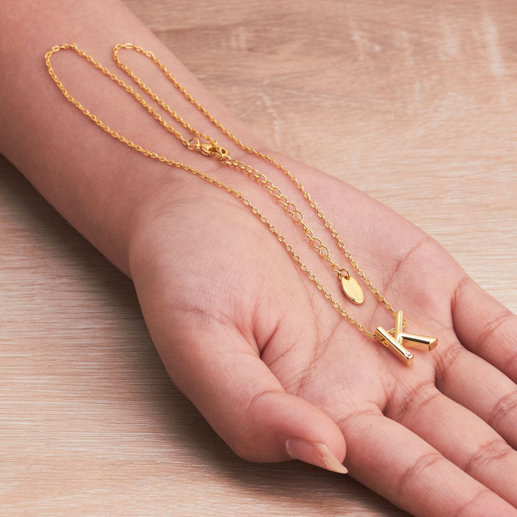 18k Gold Plated Initial Necklace Letter K Created with Zircondia® Crystals
