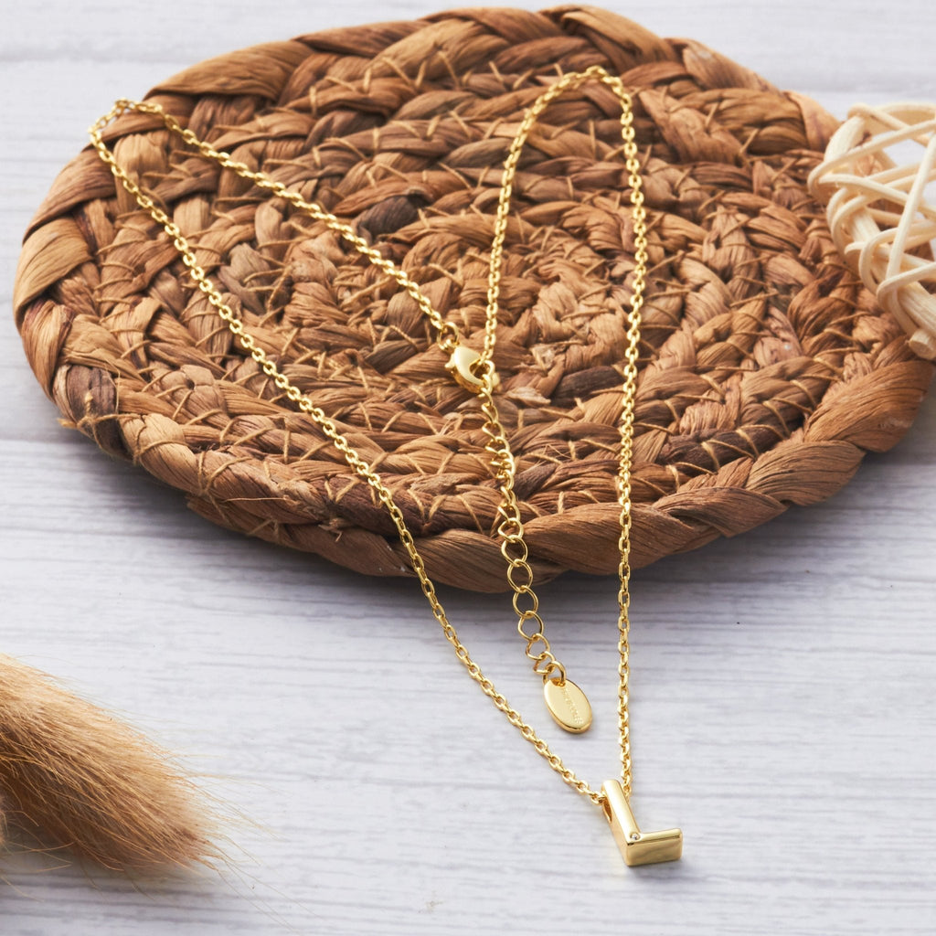 18k Gold Plated Initial Necklace Letter L Created with Zircondia® Crystals
