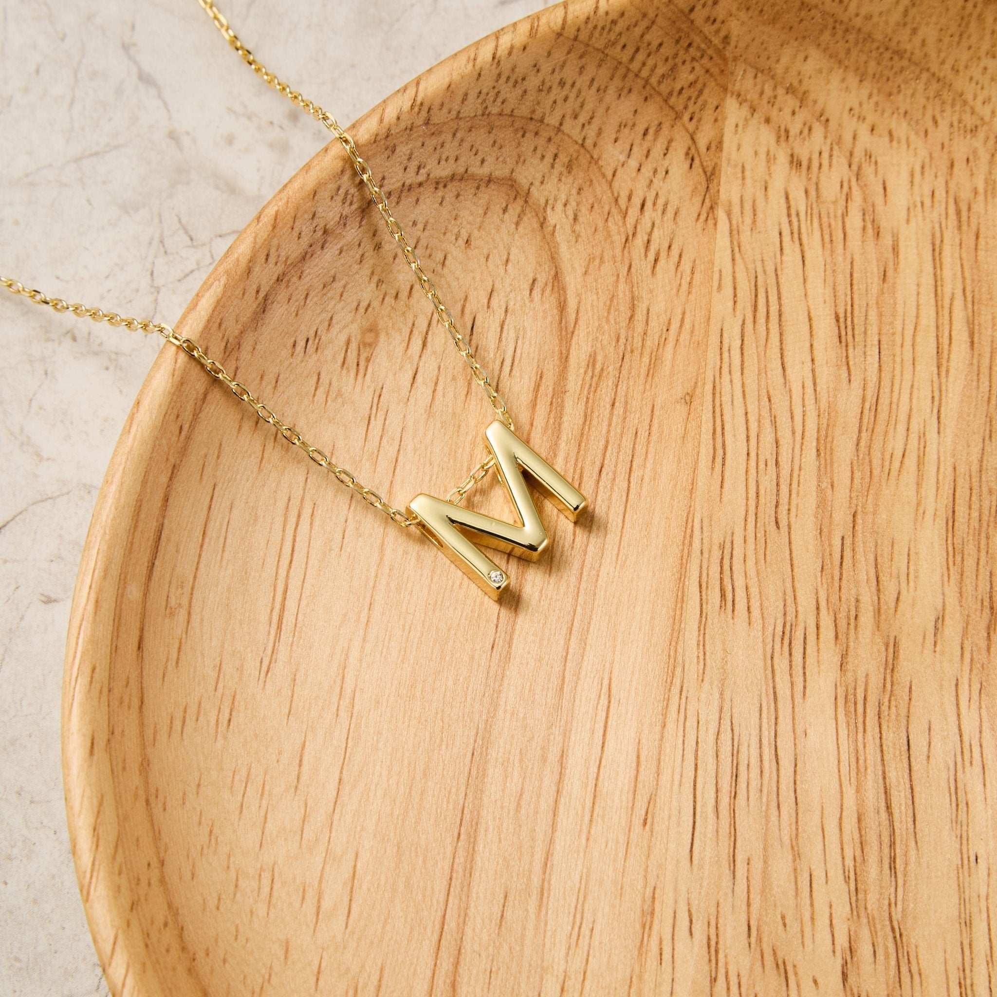 18k Gold Plated Initial Necklace Letter M Created with Zircondia® Crystals
