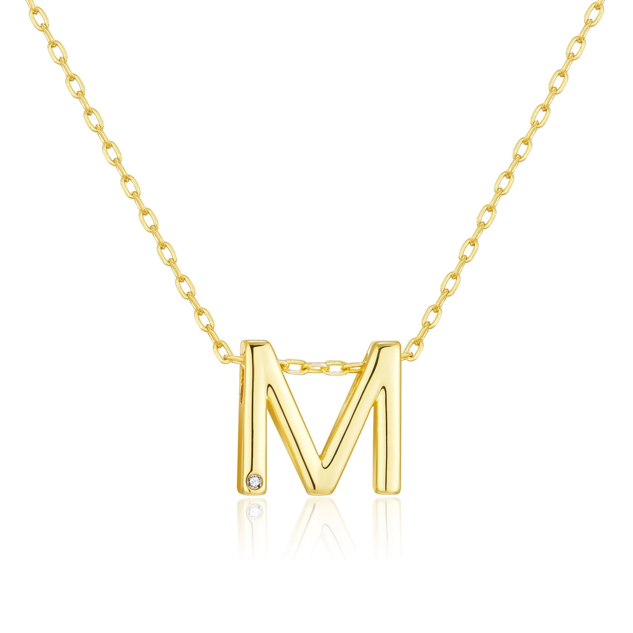 18k Gold Plated Initial Necklace Letter M Created with Zircondia® Crystals