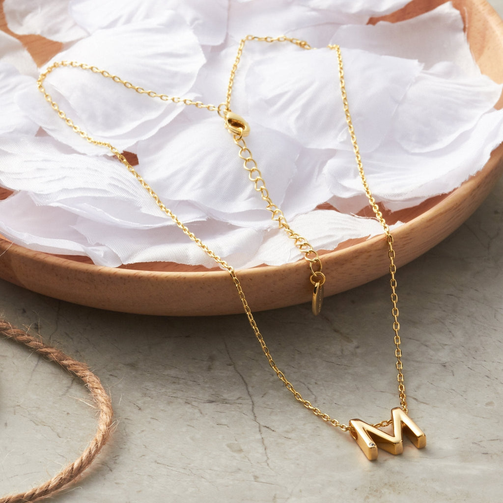 18k Gold Plated Initial Necklace Letter M Created with Zircondia® Crystals