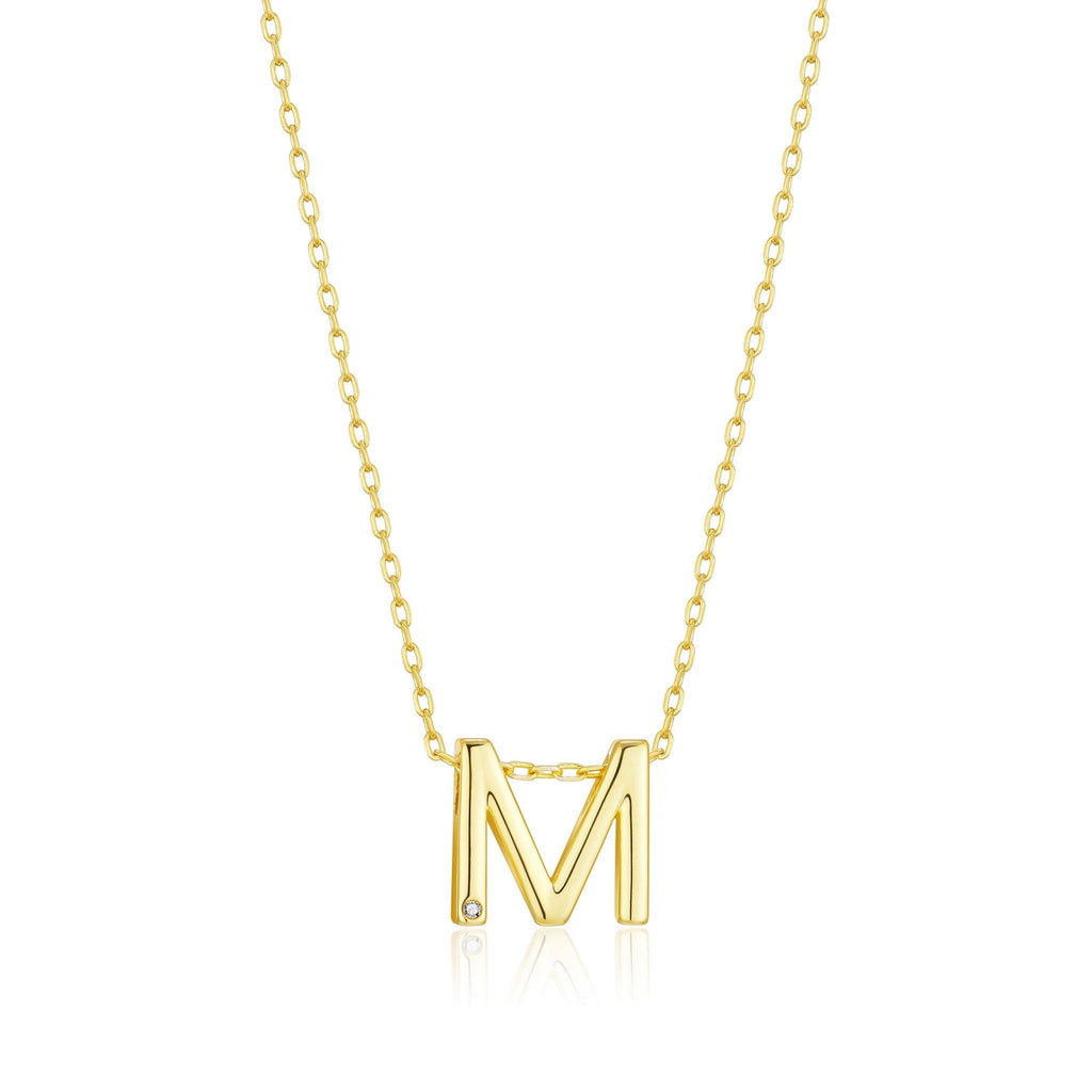 18k Gold Plated Initial Necklace Letter M Created with Zircondia® Crystals