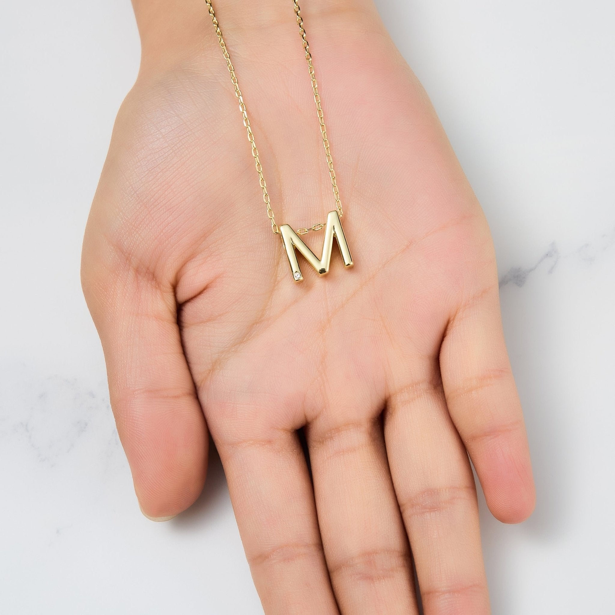 18k Gold Plated Initial Necklace Letter M Created with Zircondia® Crystals