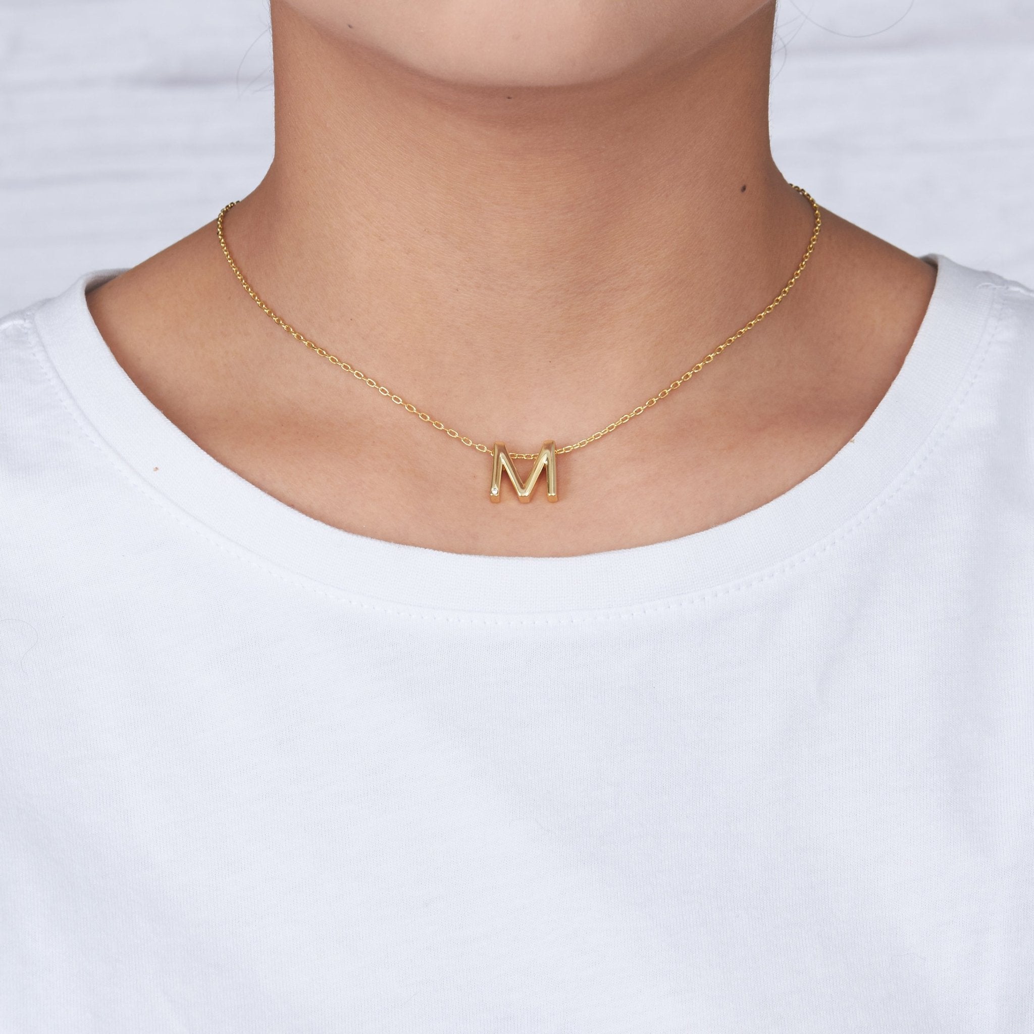 18k Gold Plated Initial Necklace Letter M Created with Zircondia® Crystals