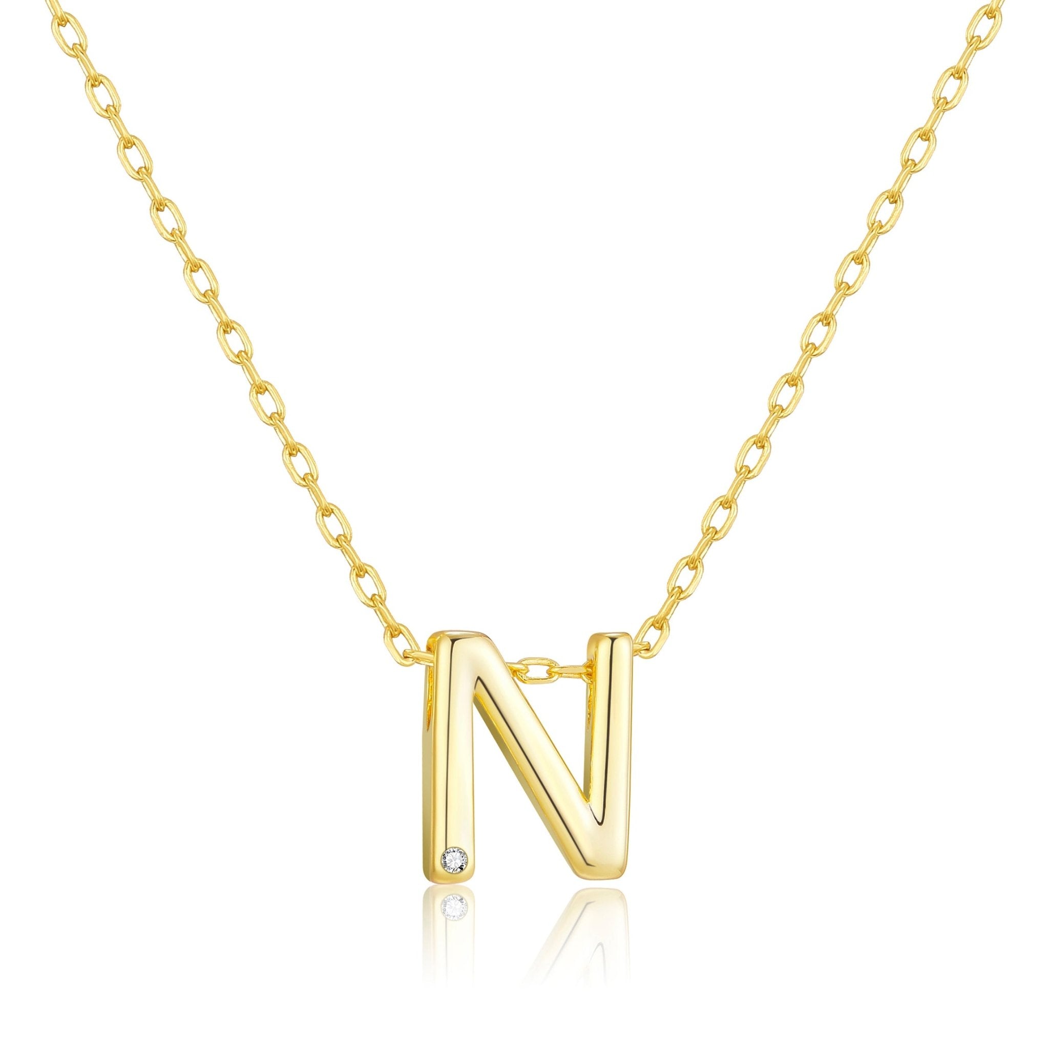 18k Gold Plated Initial Necklace Letter N Created with Zircondia® Crystals