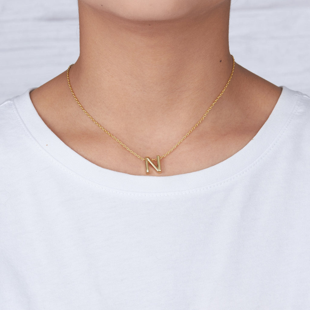 18k Gold Plated Initial Necklace Letter N Created with Zircondia® Crystals