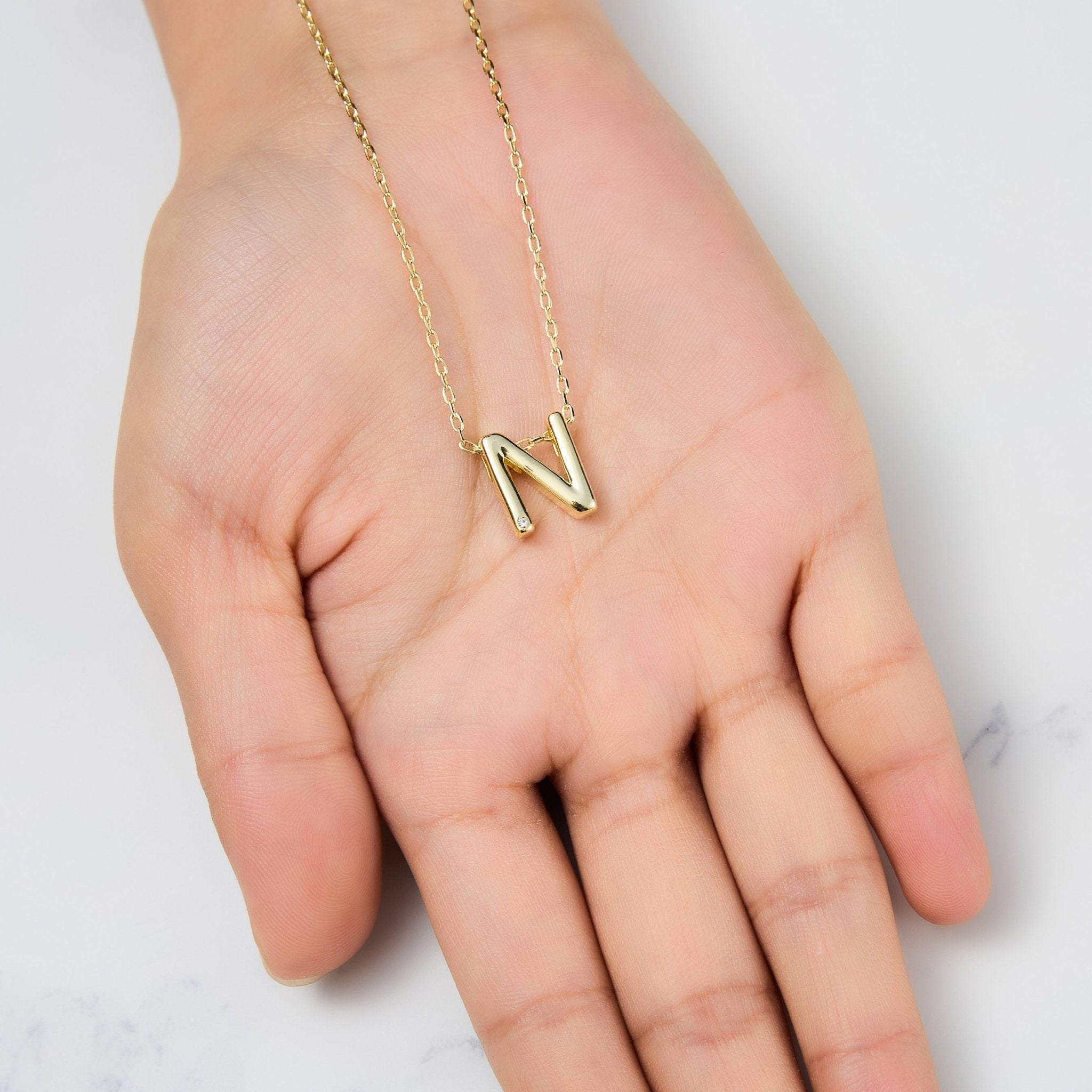 18k Gold Plated Initial Necklace Letter N Created with Zircondia® Crystals