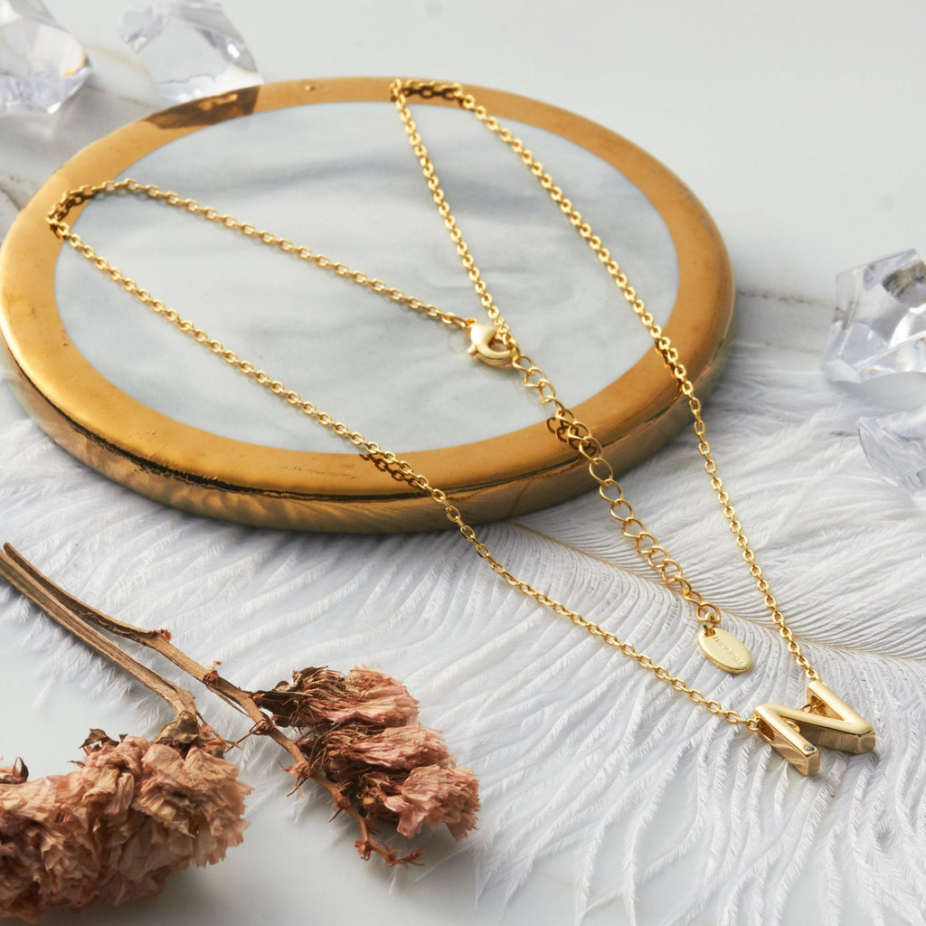 18k Gold Plated Initial Necklace Letter N Created with Zircondia® Crystals