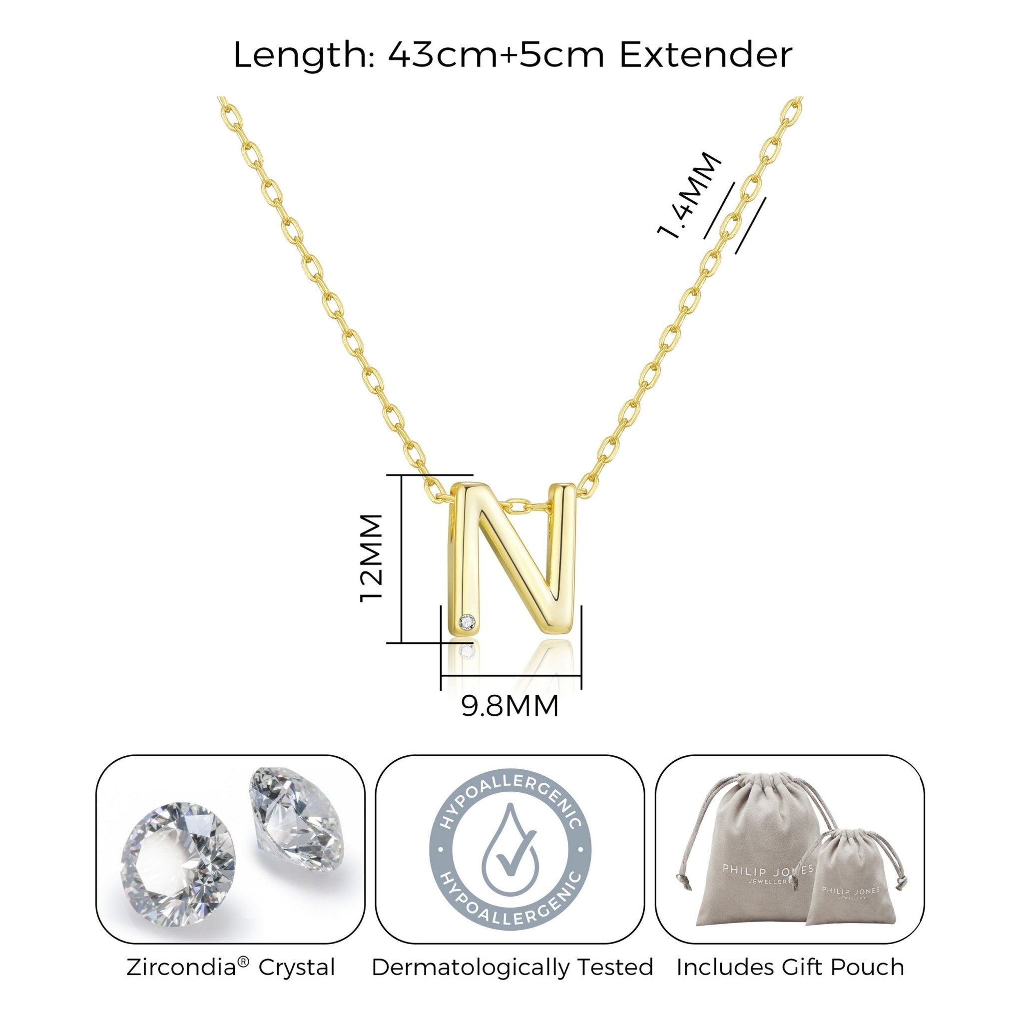 18k Gold Plated Initial Necklace Letter N Created with Zircondia® Crystals