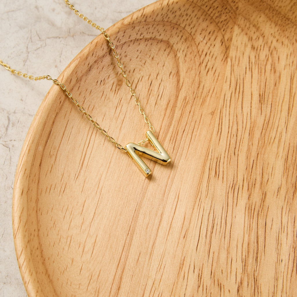 18k Gold Plated Initial Necklace Letter N Created with Zircondia® Crystals